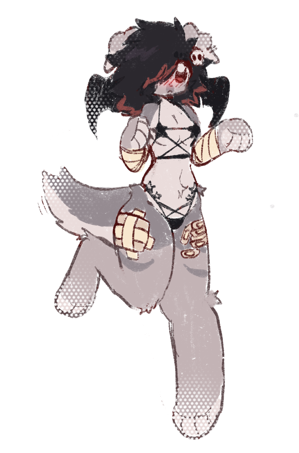 anthro art bandage bat bikini black blush boy canine cuntboy furry gray intersex kiwu kiwushii notmine pose red star tattoo