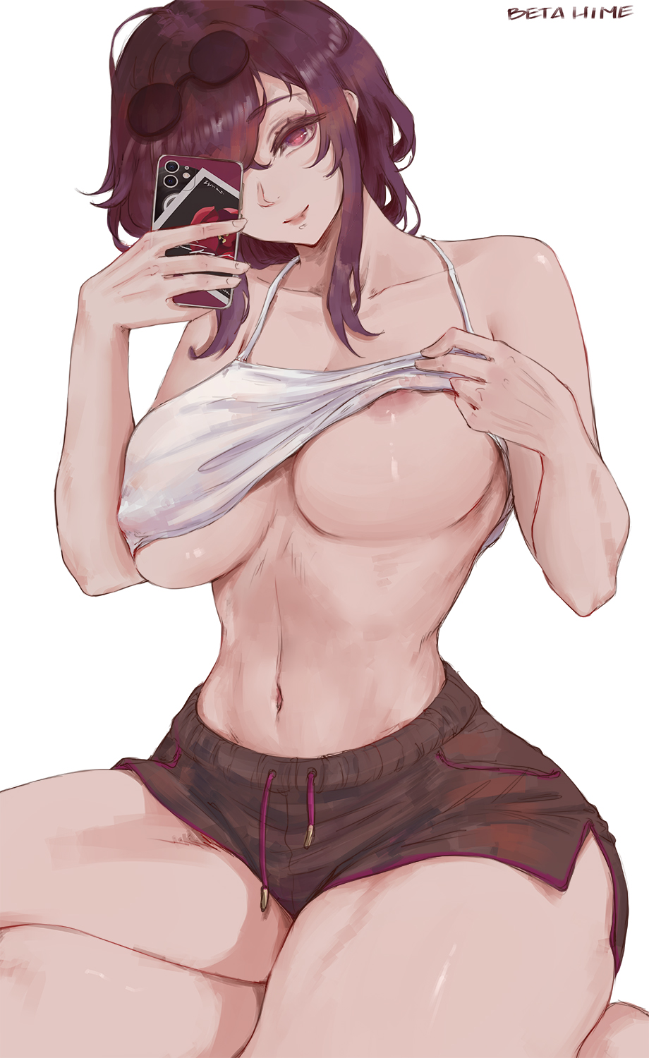 1girls, areola slip, areolae, betahimeko, big breasts, black shorts, bottomwear, breasts, clothing, cutesexyrobutts (style), female, female only, headwear, honkai: star rail, huge breasts, kafka (honkai: star rail), phone, purple eyes, purple hair, selfie, shorts, solo, solo female, sunglasses, sunglasses on head, tank top, tank top lift, thick thighs, thighs, topwear, white tank top