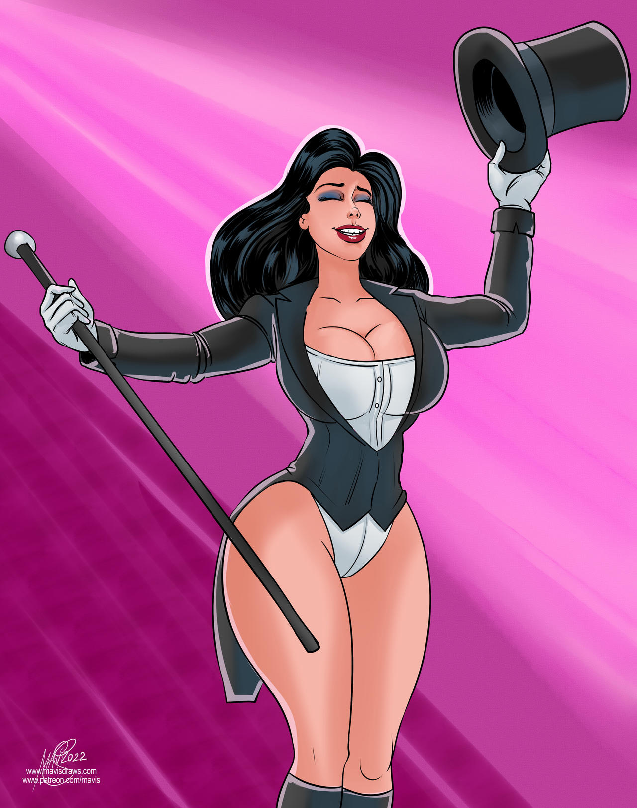 black_hair cleavage dc dc_comics female hat large_breasts magician mavruda smile thick_thighs zatanna