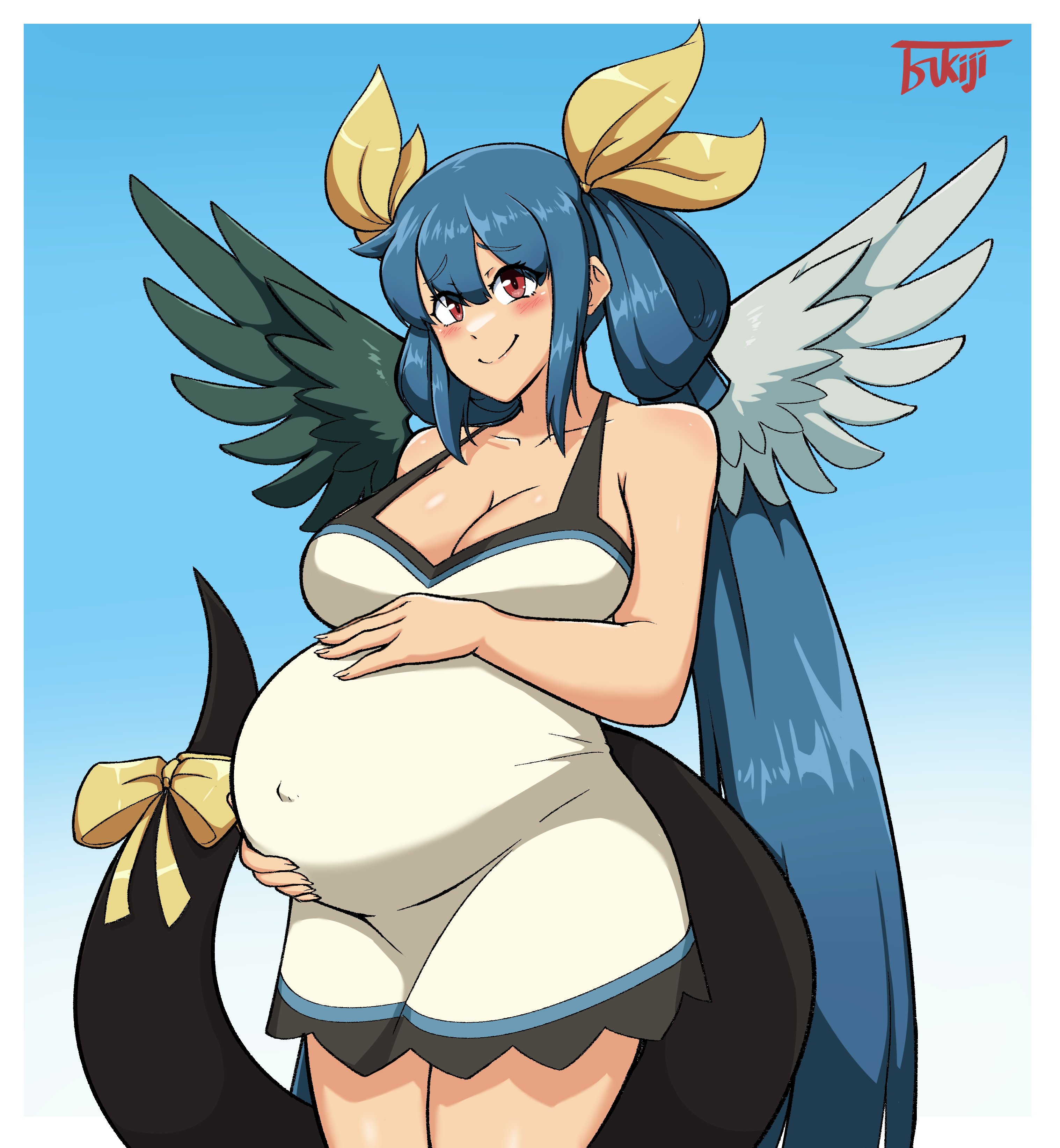 1girls, absurdres, angel wings, artist name, asymmetrical wings, bare shoulders, big belly, blue background, blue hair, blush, breasts, cleavage, collarbone, covered navel, dizzy (guilty gear), dress, female, fingernails, guilty gear, hair between eyes, hair ribbon, hair rings, highres, large breasts, long hair, maternity clothes, maternity dress, mature female, milf, monster girl, navel, one eye closed, pregnant, ribbon, sharp fingernails, simple background, smile, solo, tail, tail ornament, tail ribbon, tsukiji, twintails, white dress, wings