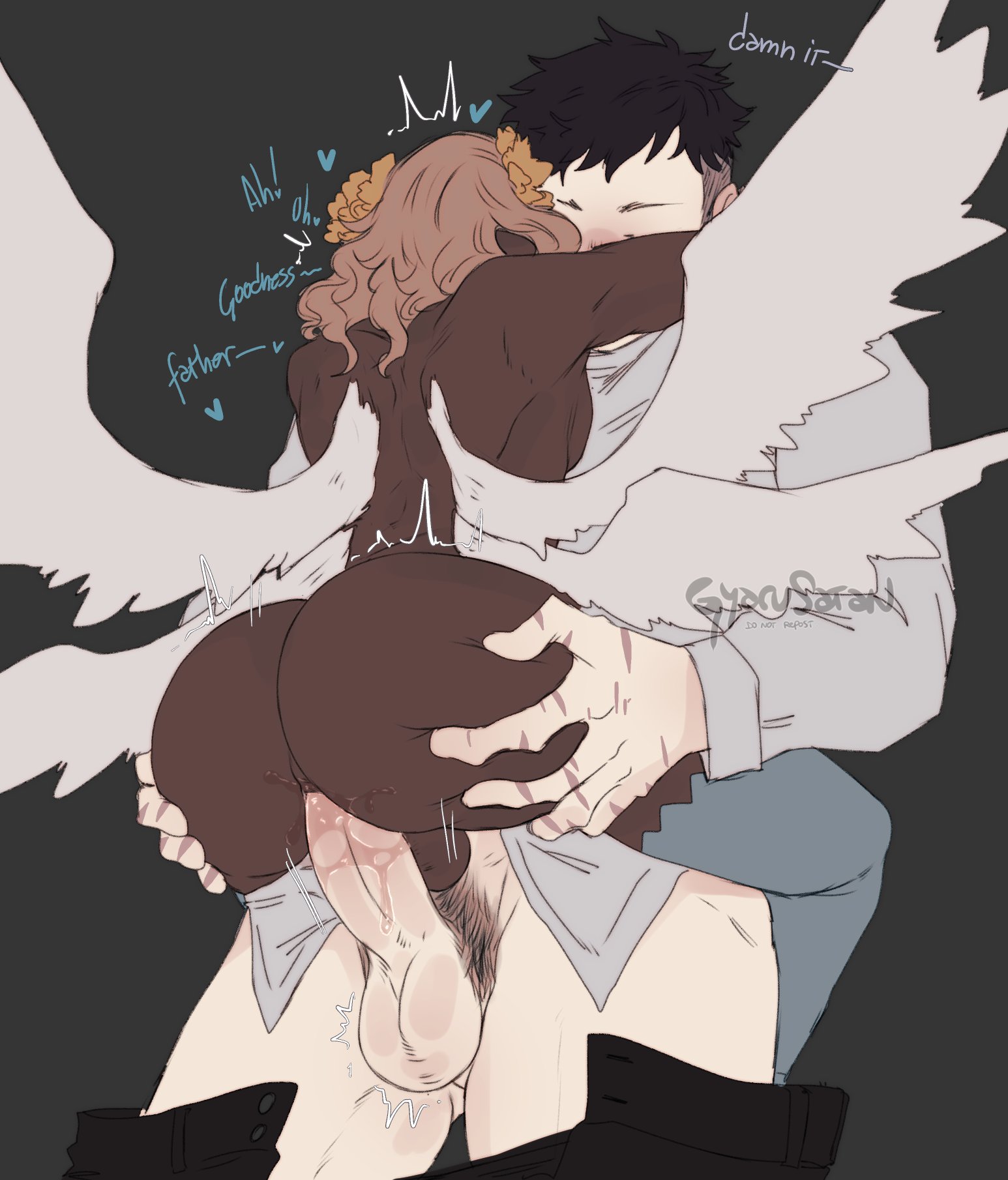 2boys, anal, anal sex, angel, angel wings, ass, ass grab, balls, big ass, big penis, black hair, blonde hair, carrying partner, dark skin, dark-skinned femboy, dark-skinned male, dialogue, duo, english text, erection, femboy, gay, gay sex, grey background, gyarusatan, heart, hi res, human, human penetrating, interspecies, kauko (gyarusatan), legwear, light skin, light-skinned male, male, male on male, moaning, nude, pants down, partially clothed, penetration, penis, pubic hair, raziel (gyarusatan), sex, shaved side, simple background, stand and carry position, standing, wings