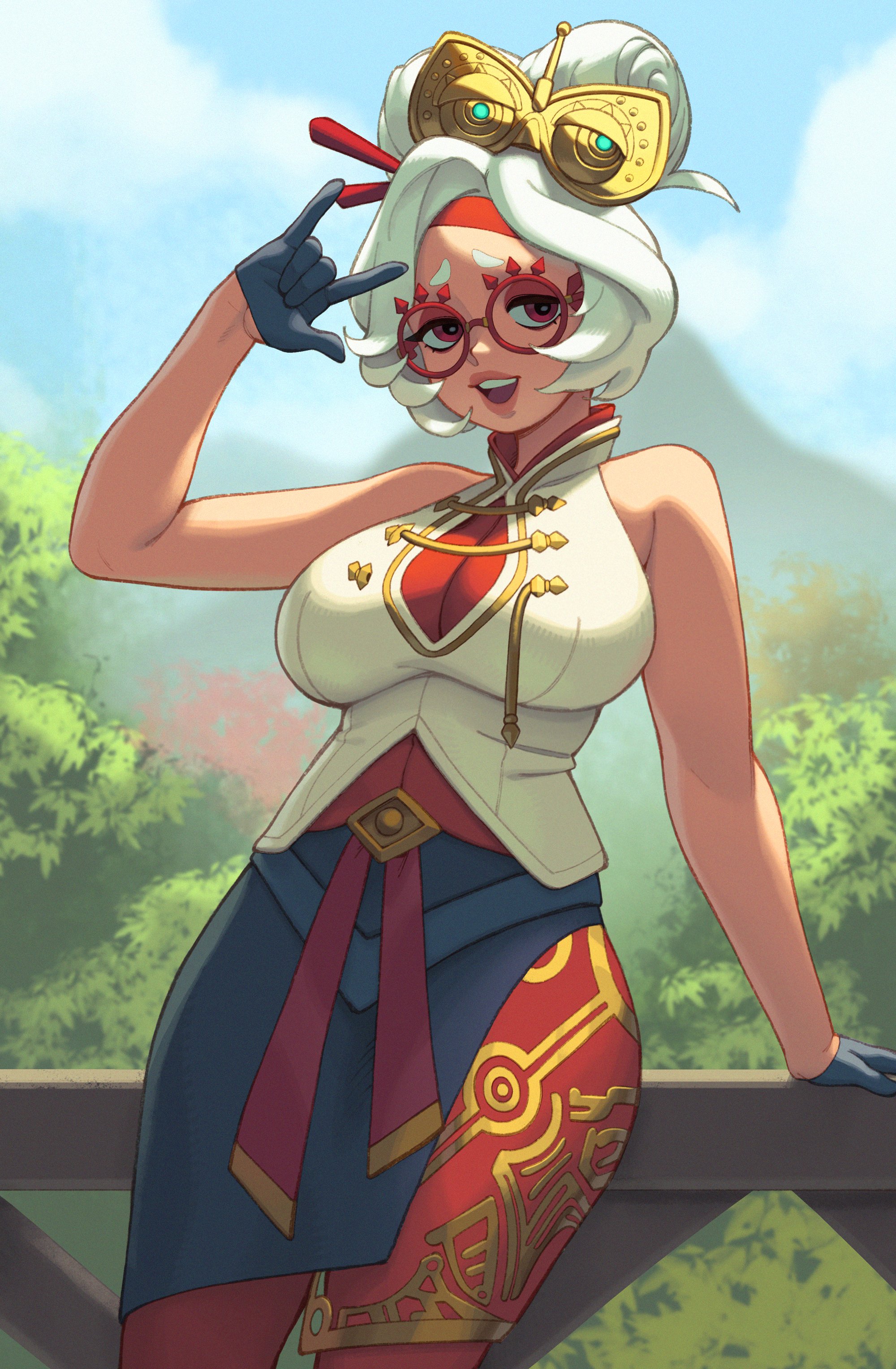 1girls, 2023, breasts, female, female focus, female only, glasses, gloves, hand sign, leaning on hand, leaning on rail, looking at viewer, nintendo, purah, purah (tears of the kingdom), red eyes, rizdraws, smiling, smiling at viewer, solo, tears of the kingdom, the legend of zelda, tied hair, very high resolution, white hair