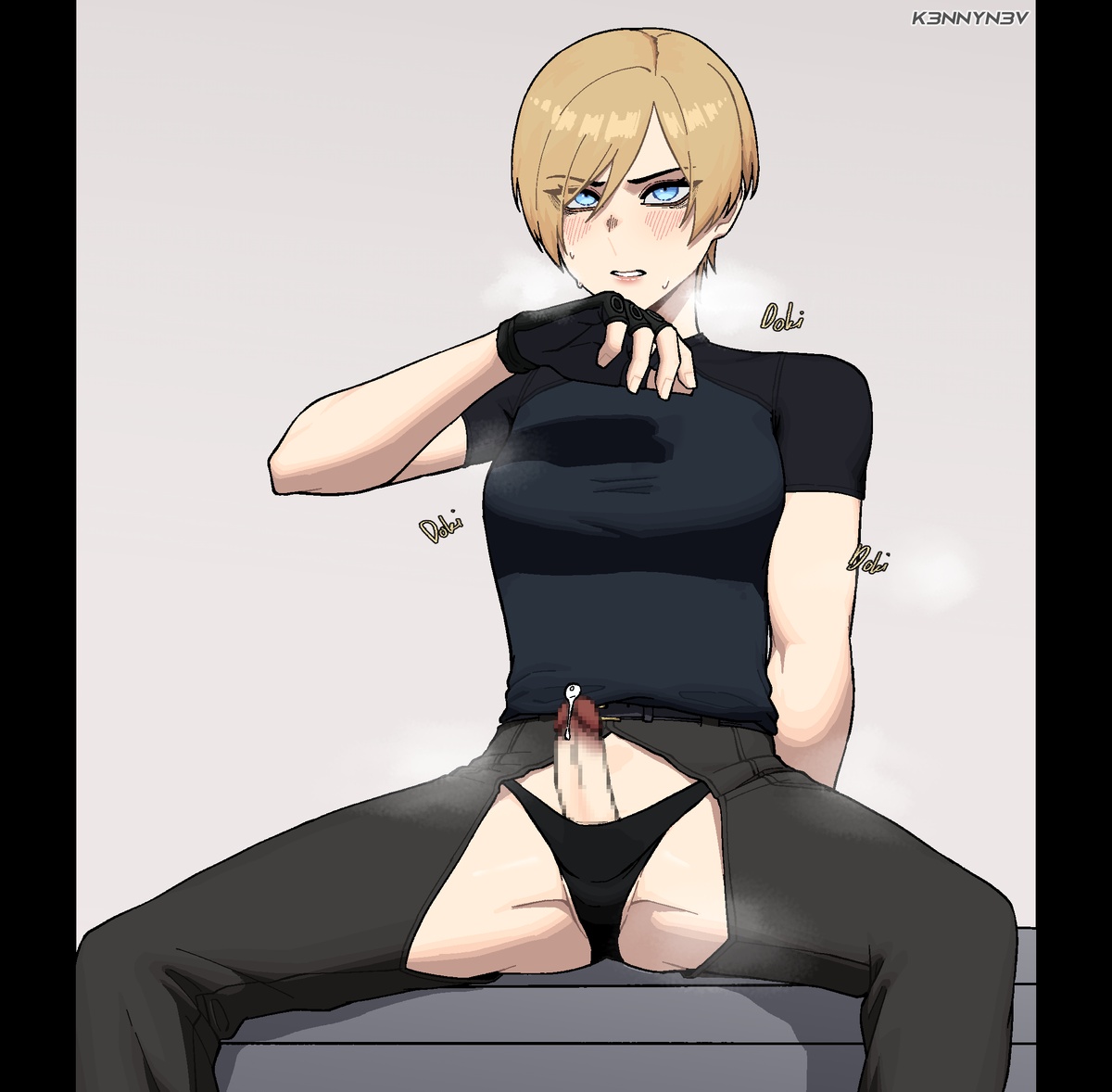 1futa, 2d, animal ears, balls, blonde hair, blush, breasts, breath, capcom, censored, censored penis, clothed, clothing, crotch cutout, crotchless, crotchless bottomwear, crotchless clothing, crotchless pants, drugged, erection, female, fingerless gloves, fit, fit female, futa only, futanari, genderswap, genderswap (mtf), gloves, heavy breathing, intersex, k3nnyn3v, leon scott kennedy, light skin, light-skinned futa, mosaic censoring, mostly clothed, muscles, muscular, muscular female, panties, penis, penis out, precum, resident evil, resident evil 4, resident evil 4 remake, rule 63, short hair, solo, spread legs, steam, sweat, sweatdrop, sweating, tomboy, unaware, very short hair