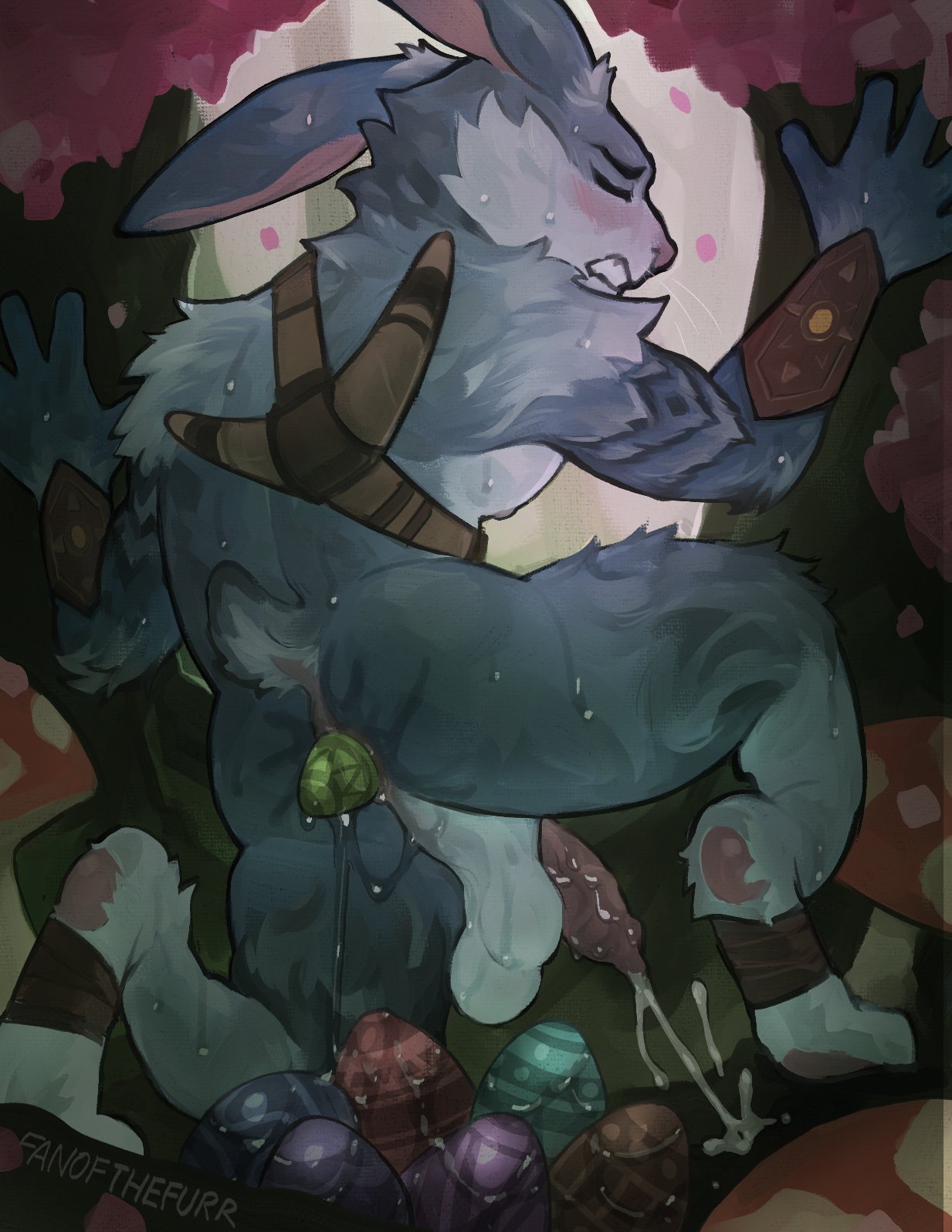 anthro, ass, backsack, balls, ballsack, bara, blush, boner, bunny, bunnymund, closed eyes, cum, dreamworks, egg, egg laying, erection, fanofthefurr, furry, male, male only, muscles, muscular, nude, orgasm, paramount pictures, penis, rabbit, rise of the guardians, solo, solo male, sweaty, yaoi