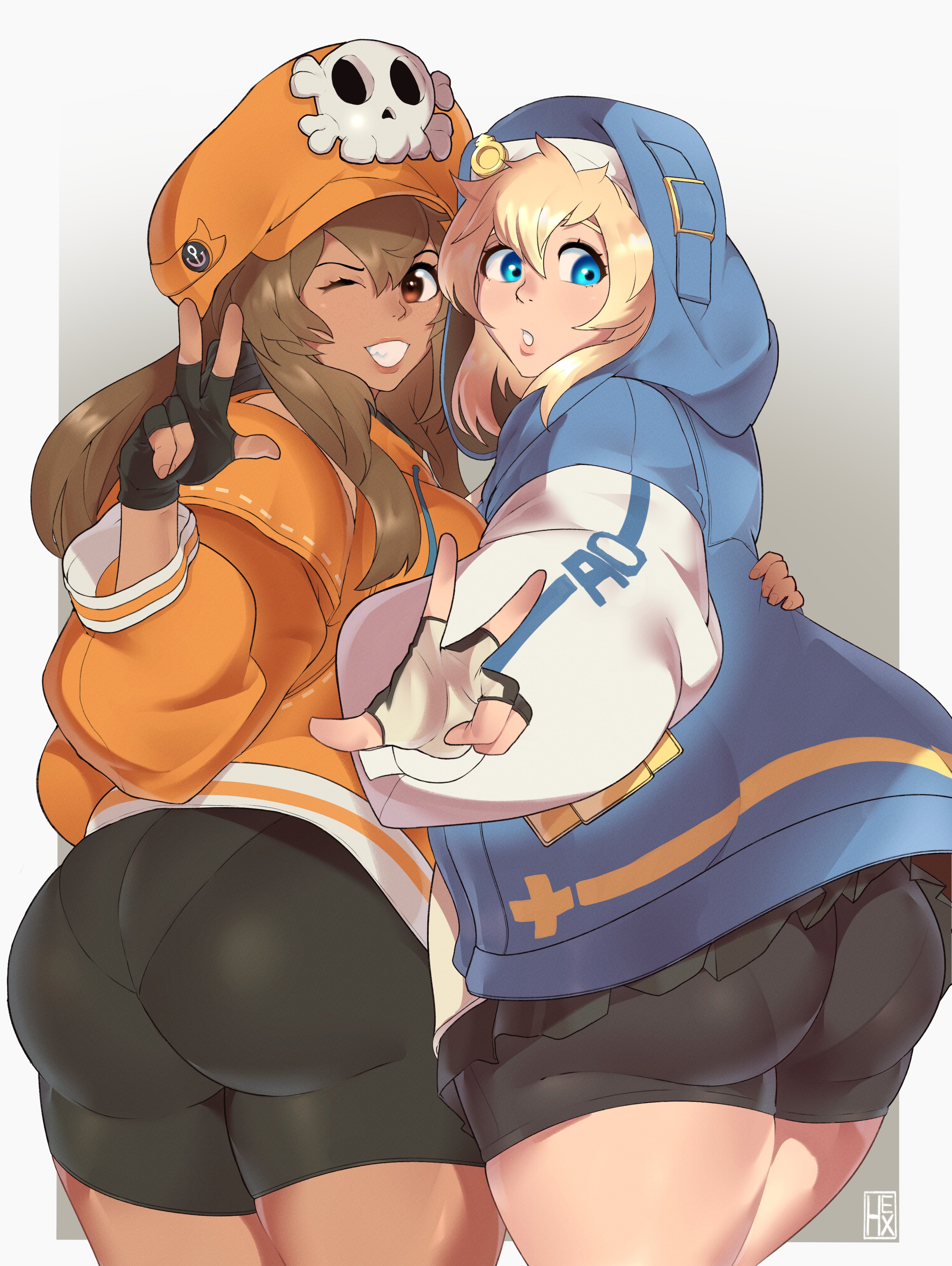 1boy, 1girls, ass, big ass, big breasts, big butt, bike shorts, black shorts, blonde hair, blue eyes, breasts, bridget, brown eyes, brown hair, female, femboy, fingerless gloves, from behind, gloves, grin, guilty gear, guilty gear strive, hat, hexprinxess, hoodie, huge ass, huge butt, large ass, large butt, light skin, light-skinned female, long hair, looking back, male, may (guilty gear), medium hair, miniskirt, orange eyes, pantylines, pirate, pirate hat, shorts, sidelocks, simple background, skirt, smile, spats, tan skin, tan-skinned female, thick thighs, thighs, tight clothing, v, wide hips