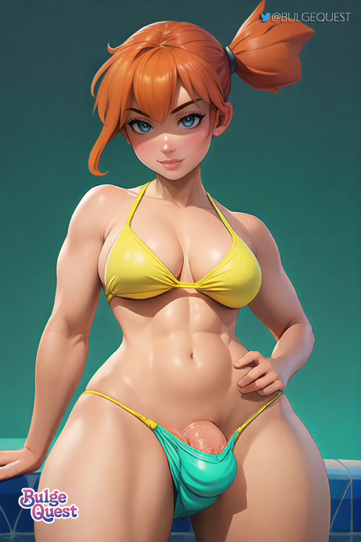 1futa, abs, ai generated, blue eyes, bulge, bulge quest, cleavage, futa only, futanari, intersex, kasumi (pokemon), looking at viewer, misty (pokemon), penis, penis peek, pokemon, red hair, smile, swimsuit