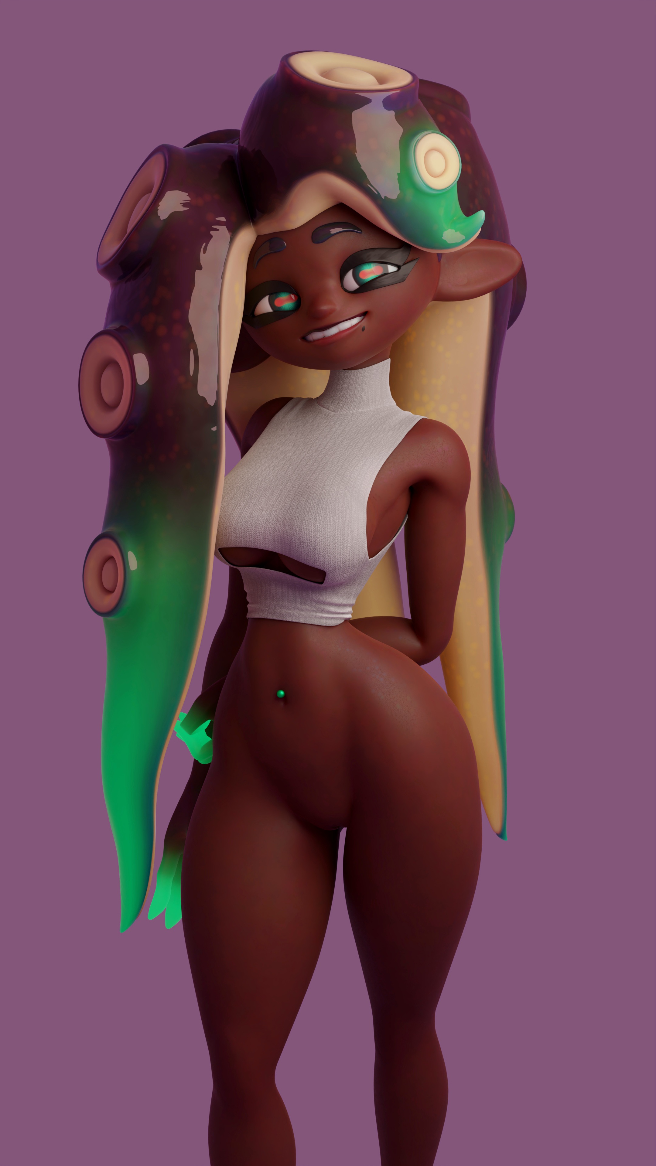 1girls, 3d, blender, boob window, breasts, curvy, dark skin, dark-skinned female, female, female only, greyarea55, half-dressed, looking at viewer, marina (splatoon), marina (wo262), nintendo, pinup, solo, solo female, splatoon, underboob, wo262 (3d model style)