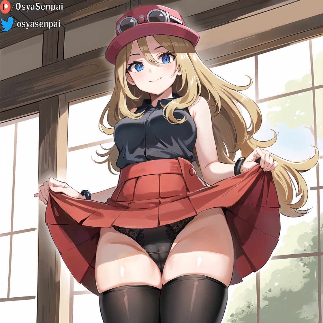 1girls, ai generated, black panties, blonde hair, blue eyes, female, female only, game freak, hat, lifted by self, lifting skirt, looking at viewer, nintendo, osyasenpai, panties, pokemon, pokemon (game), pokemon xy, serena (pokemon), solo, stable diffusion, underwear