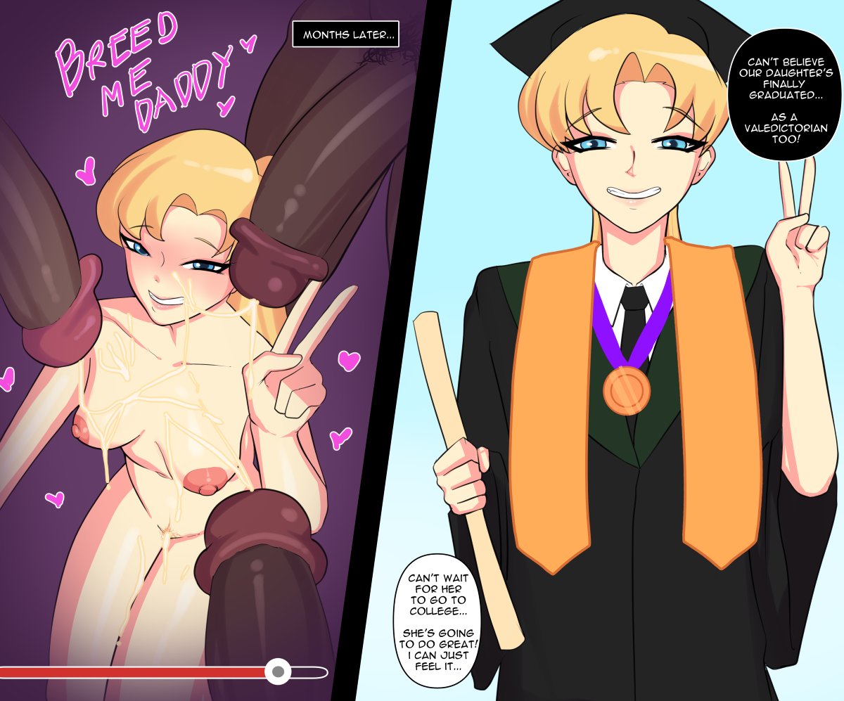 1girls, 2koma, 3boys, before and after, big penis, blonde hair, breasts, corruption, cum, cum on body, cum on breasts, cum on face, dark skin, dark-skinned male, english text, female, gelatomusume, interracial, male, moral degeneration, partial male, penis, penis awe, text, v