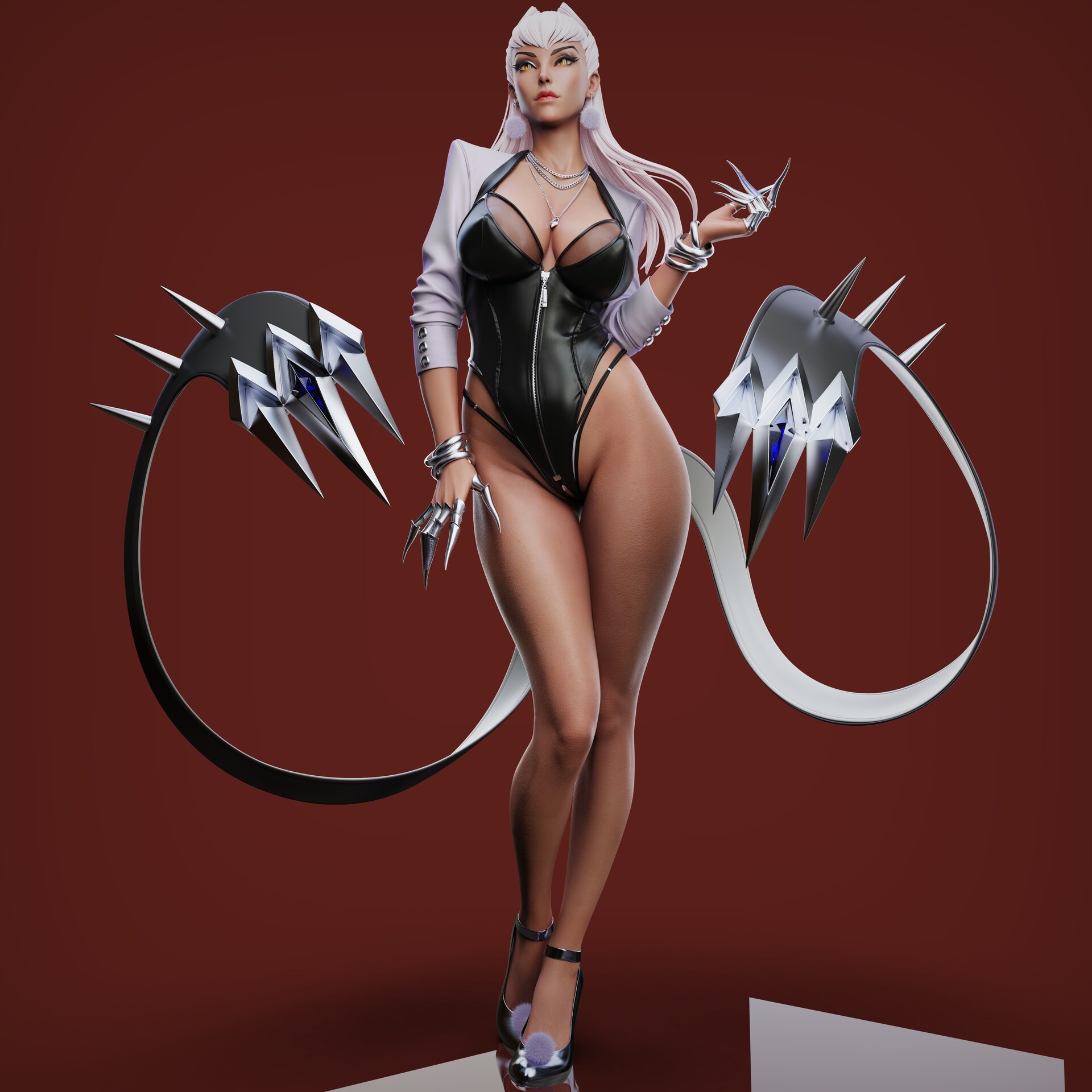 big breasts, breasts, clothed, clothing, demon, earrings, female, high heels, jewelry, k/da all out evelynn, k/da all out series, k/da evelynn, k/da series, kin tei, league of legends, long hair, long legs, long nails, necklace, nipples, nipples visible through clothing, pussy, red lips, seductive, shaved pussy, succubus, tail, white hair, yellow eyes, zipper