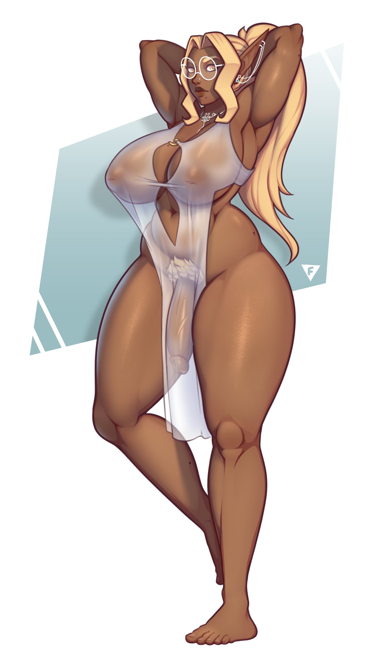 1futa areolae arms_behind_head arms_up barefoot big_breasts big_hips big_penis blonde_hair breasts clothed clothing dark-skinned_futanari dark_elf dark_skin dress elf flaccid flaccid_penis futa_only futanari glasses huge_breasts humanoid humanoid_penis inverted_nipples large_breasts long_hair mostly_nude nipples penis pubic_hair round_glasses solo standing thick_thighs transparent_clothing wide_hips wolfade yellow_eyes