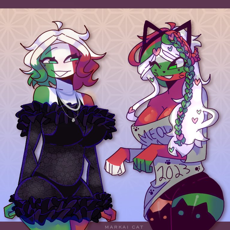 2023 2girls big_breasts bra bulgaria_(countyhumans) clothing countryhumans countryhumans_girl dress female female_only heart italy_(countryhumans) markai_cat new_year simple_background