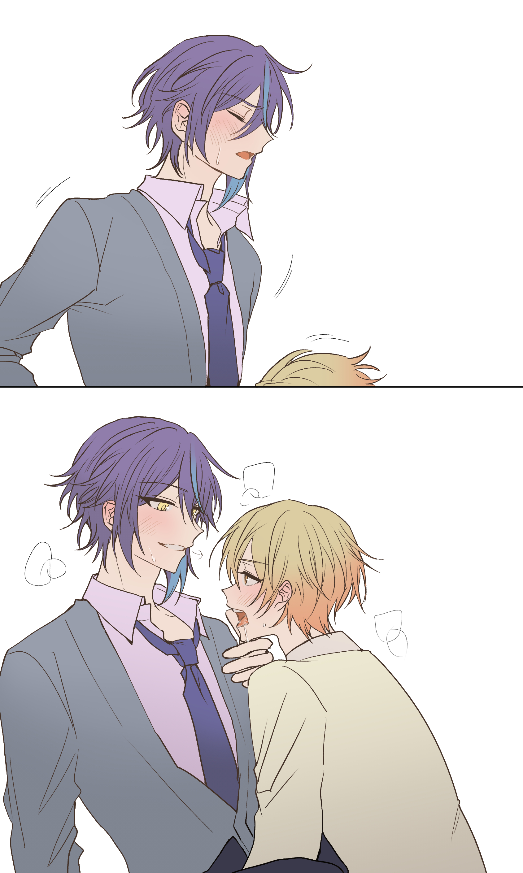 2boys, blonde hair, clothed, gay, implied fellatio, implied oral, kamishiro rui, male, male focus, male only, male/male, project sekai, saliva, tagme, tenma tsukasa