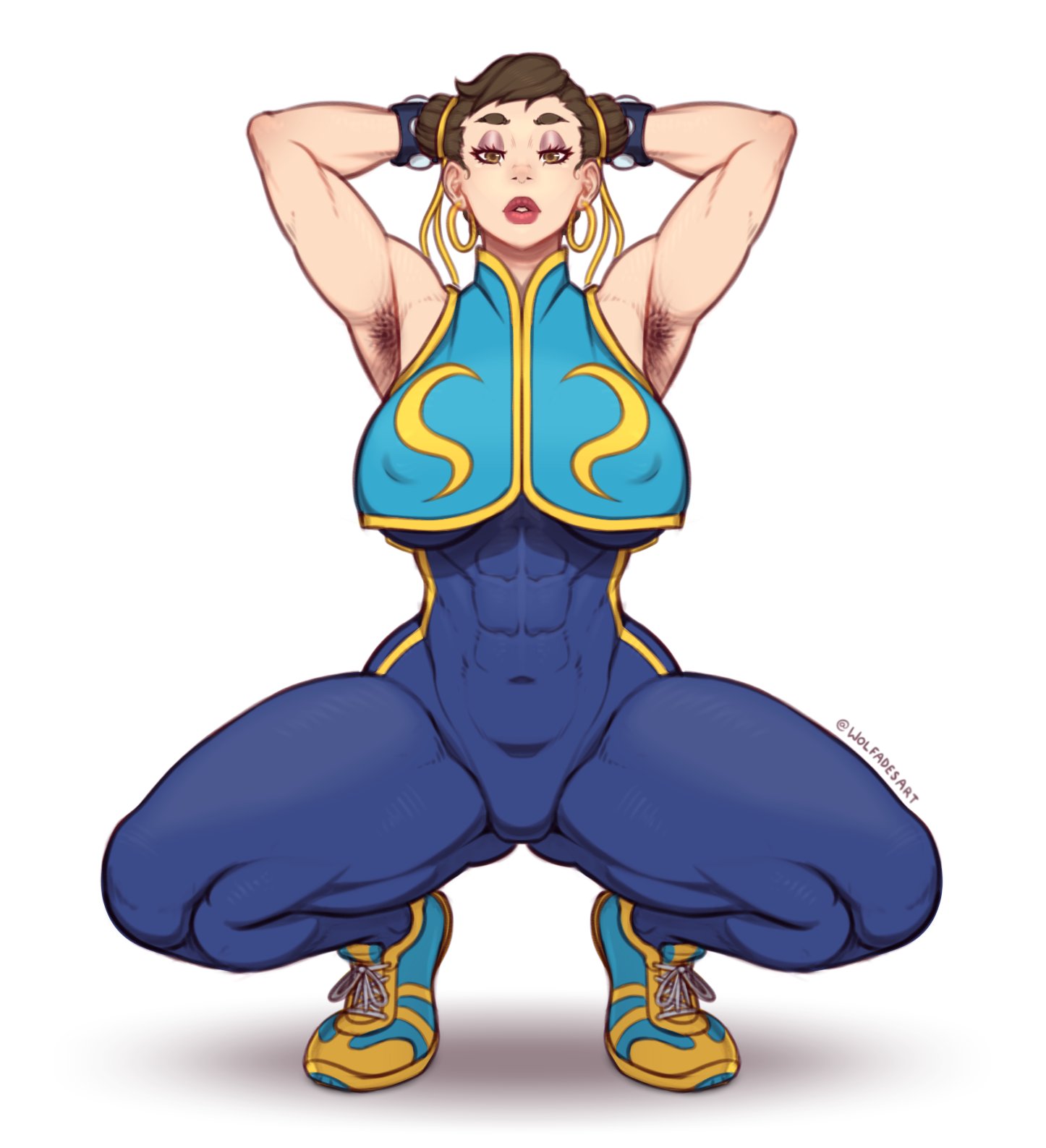 1girls, abs, alternate version available, armpit hair, armpits, arms behind head, bracelet, breasts, capcom, chun-li, earrings, erect nipples, eyeshadow, female, female armpit hair, female only, hairy armpits, huge breasts, lipstick, muscular, muscular thighs, nipples, shoes, solo, spiked bracelet, squatting, street fighter, street fighter alpha, tight clothes, vest, wolfade