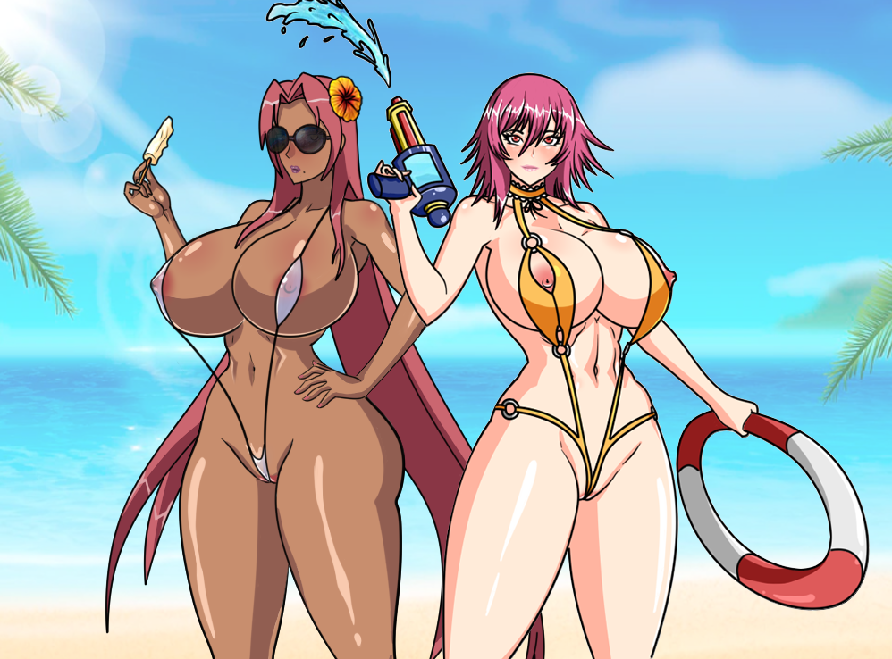 2girls areolae beach big_breasts bikini blush breasts busty dark-skinned_female dark_skin female huge_breasts ingrid_(taimanin_asagi) large_breasts lifebuoy light-skinned_female light_skin makai_kishi_ingrid mizuki_shiranui multiple_girls navel nipples popsicle shadowofjensen sling_bikini succubus sunglasses swimsuit taimanin_(series) taimanin_yukikaze thick_thighs thighs tinted_eyewear voluptuous water_gun