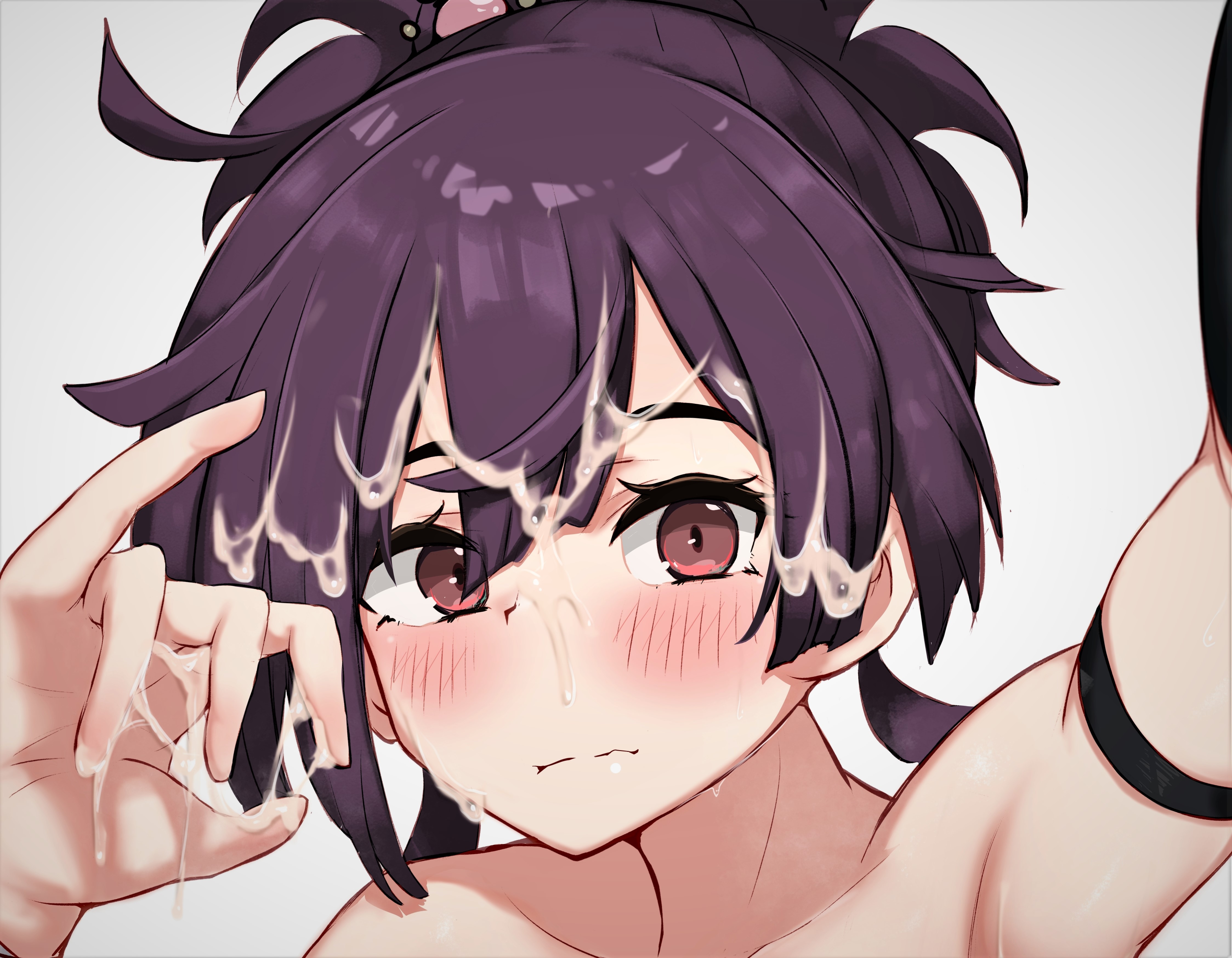 1girls, 2023, armpits, arms up, cum, cum on face, female, hi res, jigokuraku, light skin, light-skinned female, looking at viewer, meepy741 (artist), purple eyes, purple hair, selfie, simple background, solo, upper body, yuzuriha (jigokuraku)