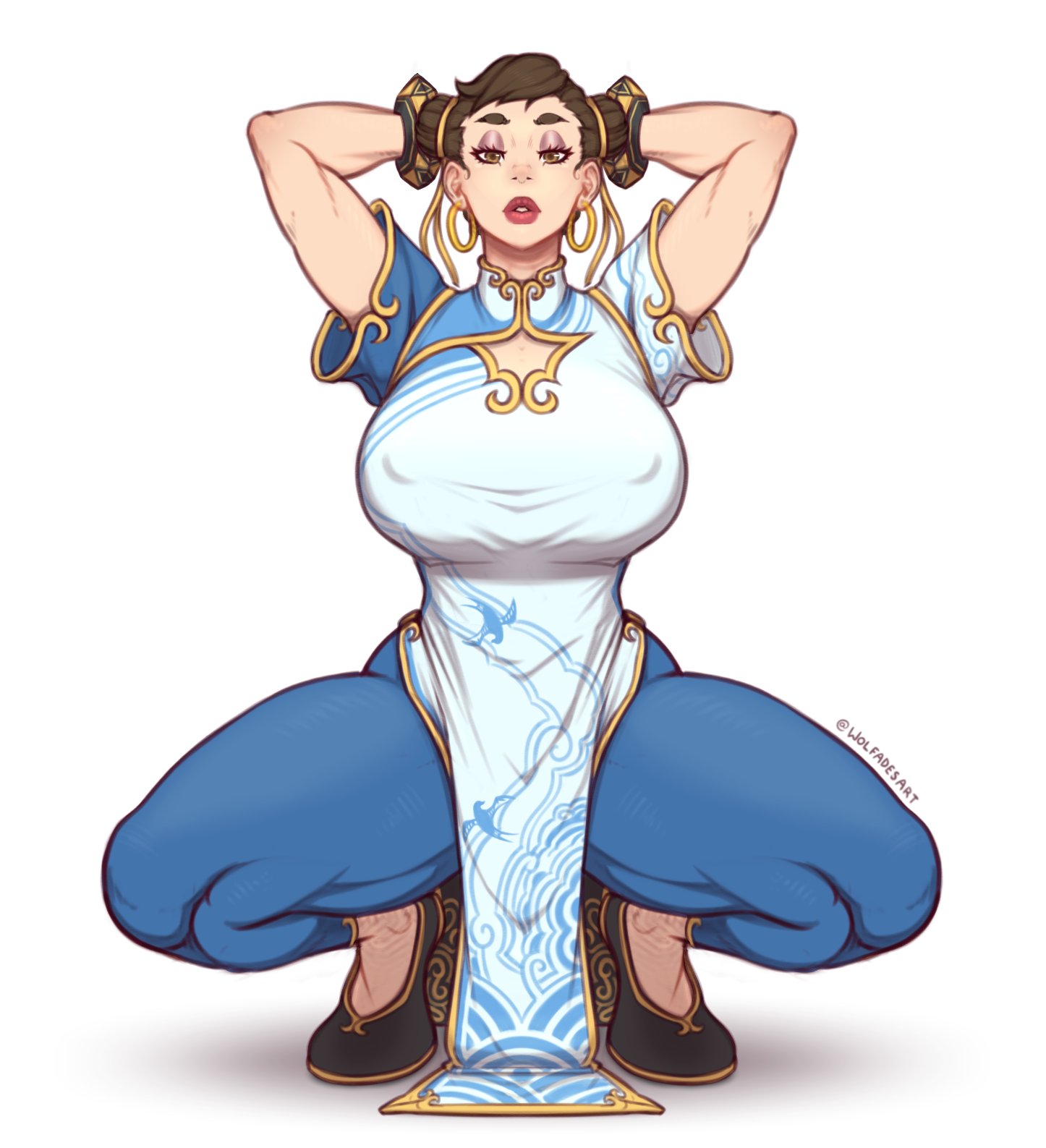 1girls, alternate version available, arms behind head, bracelet, breasts, chinese clothes, chun-li, cleavage, earrings, erect nipples, eyeshadow, female, female only, huge breasts, lipstick, muscular, muscular thighs, nipples, slippers, solo, squatting, street fighter, street fighter 6, tight clothes, wolfade