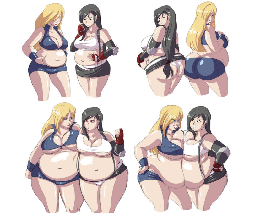 2girls, ass, axel-rosered, bbw, belly inflation, belly overhang, big belly, big butt, big female, blush, blushing, bubble butt, butt, butt expansion, chubby, chubby female, embarrassed, fat, fat ass, fat female, fat fetish, fatty, female, female only, final fantasy, final fantasy vii, giantess, hand on belly, huge butt, large butt, large female, larger female, metroid, mini giantess, obese, obese female, overweight, overweight female, pig, plump, pork chop, rubbing belly, samus aran, ssbbw, thick thighs, tifa lockhart, tubby, weight gain