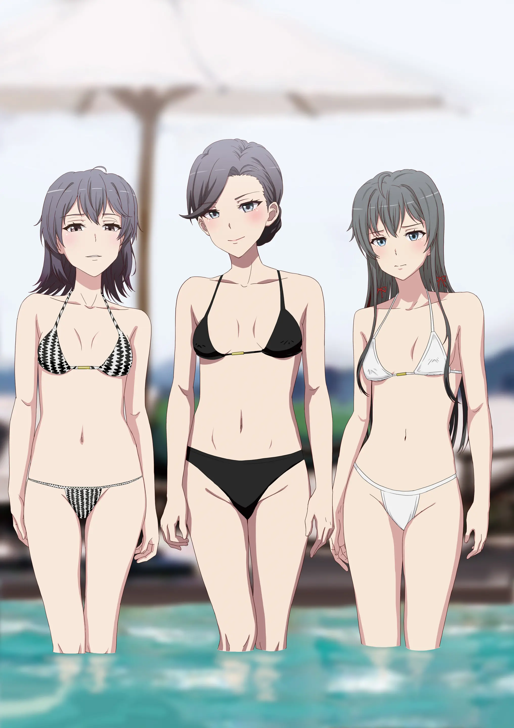 3girls, bikini, charka, female, female only, from front, from front position, milf, mother and daughter, multiple females, multiple girls, my teen romantic comedy snafu, oyakodon, parent and child, pool, poolside, pussy, pussy focus, revealing swimsuit, shimaidon, siblings, sisters, standing, swimsuit, thong, vagina focus, yukinoshita haruno, yukinoshita yukino, yukinoshita yukino's mother