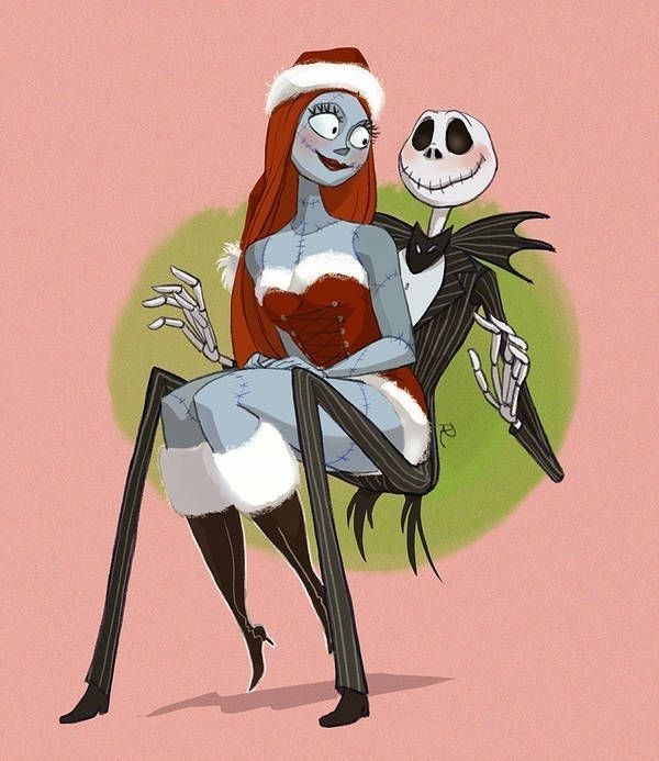 1boy 1girls blue_body blue_skin blush canon_couple christmas christmas_outfit doll duo halloween jack_skellington meme nightmare_before_christmas no_sex on_lap red_hair sally_(the_nightmare_before_christmas) skeleton tim_burton wholesome xd