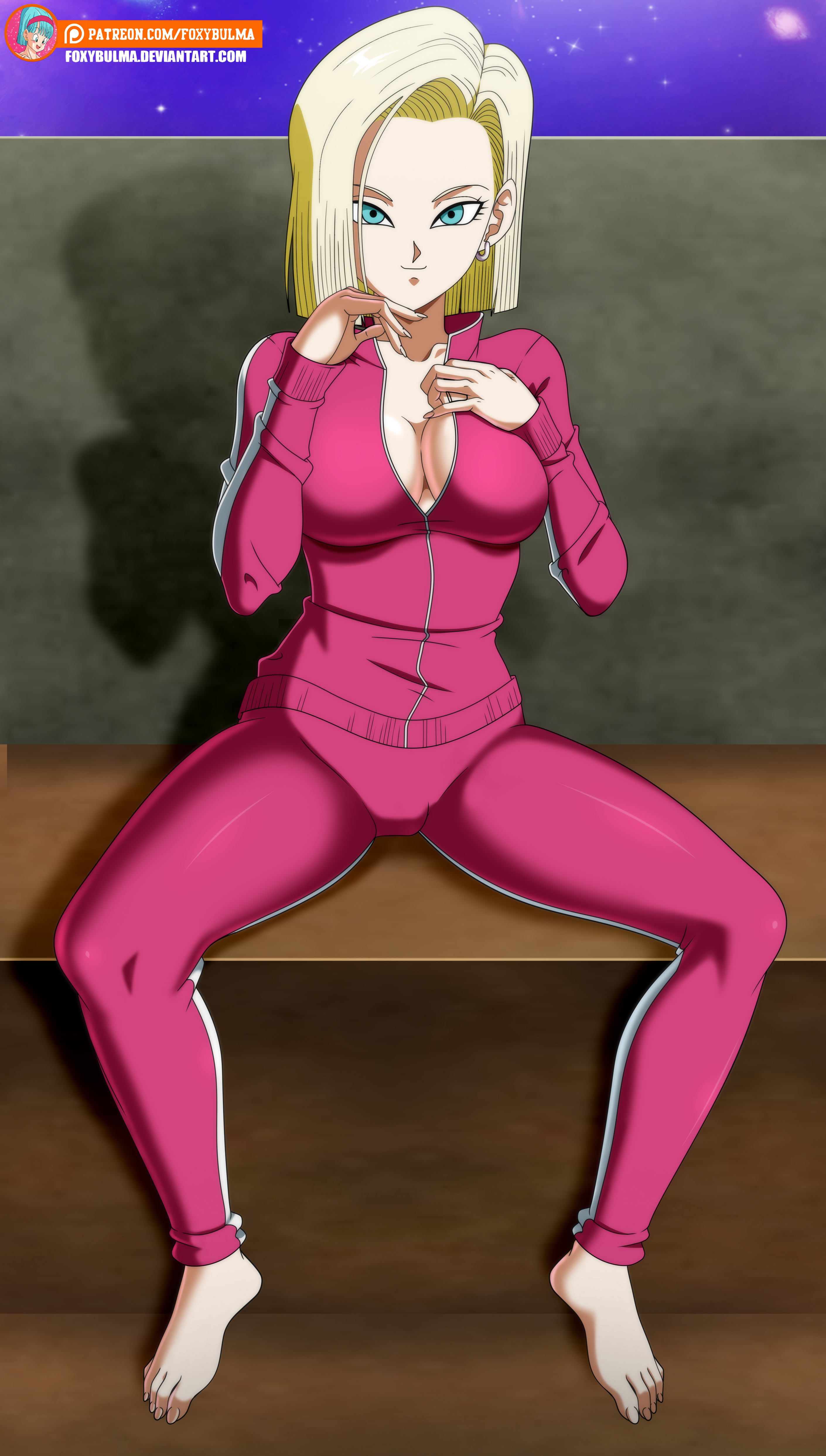 1girls, android 18, barefoot, cleavage, dragon ball, dragon ball super, female, female only, foxybulma, jacket, solo, track jacket, track pants, track suit