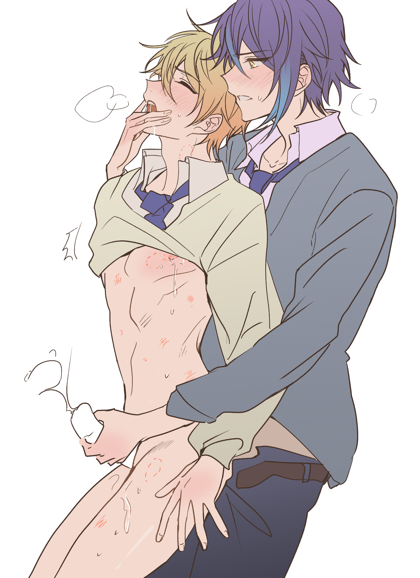 2boys, bishonen, bite mark, bite marks, censored, clothed male partially nude male, finger in mouth, gay, handjob, kamishiro rui, male, male focus, male only, male/male, partially clothed, project sekai, skinny, tagme, teenager, tenma tsukasa, young