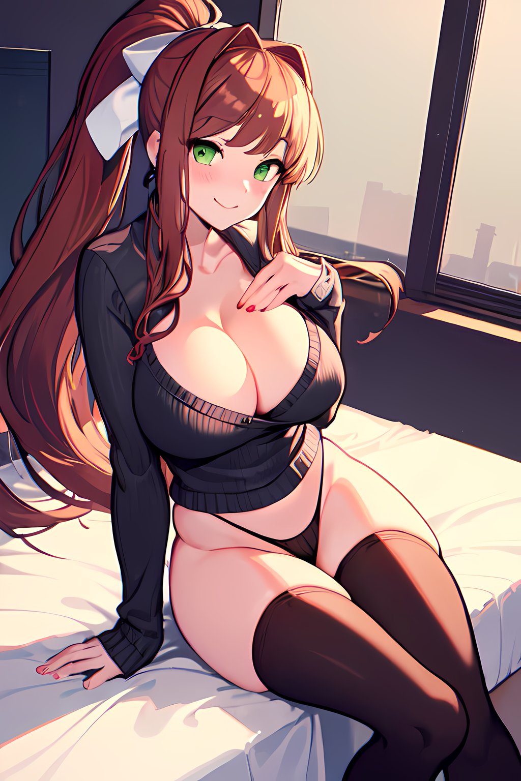 ai generated, blush, breasts, brown hair, cleavage, doki doki literature club, female, female only, green eyes, hair ribbon, long hair, monika (doki doki literature club), panties, ponytail, smiling, solo female, suicidespit, sweater, thick thighs, thighhighs, thunder thighs