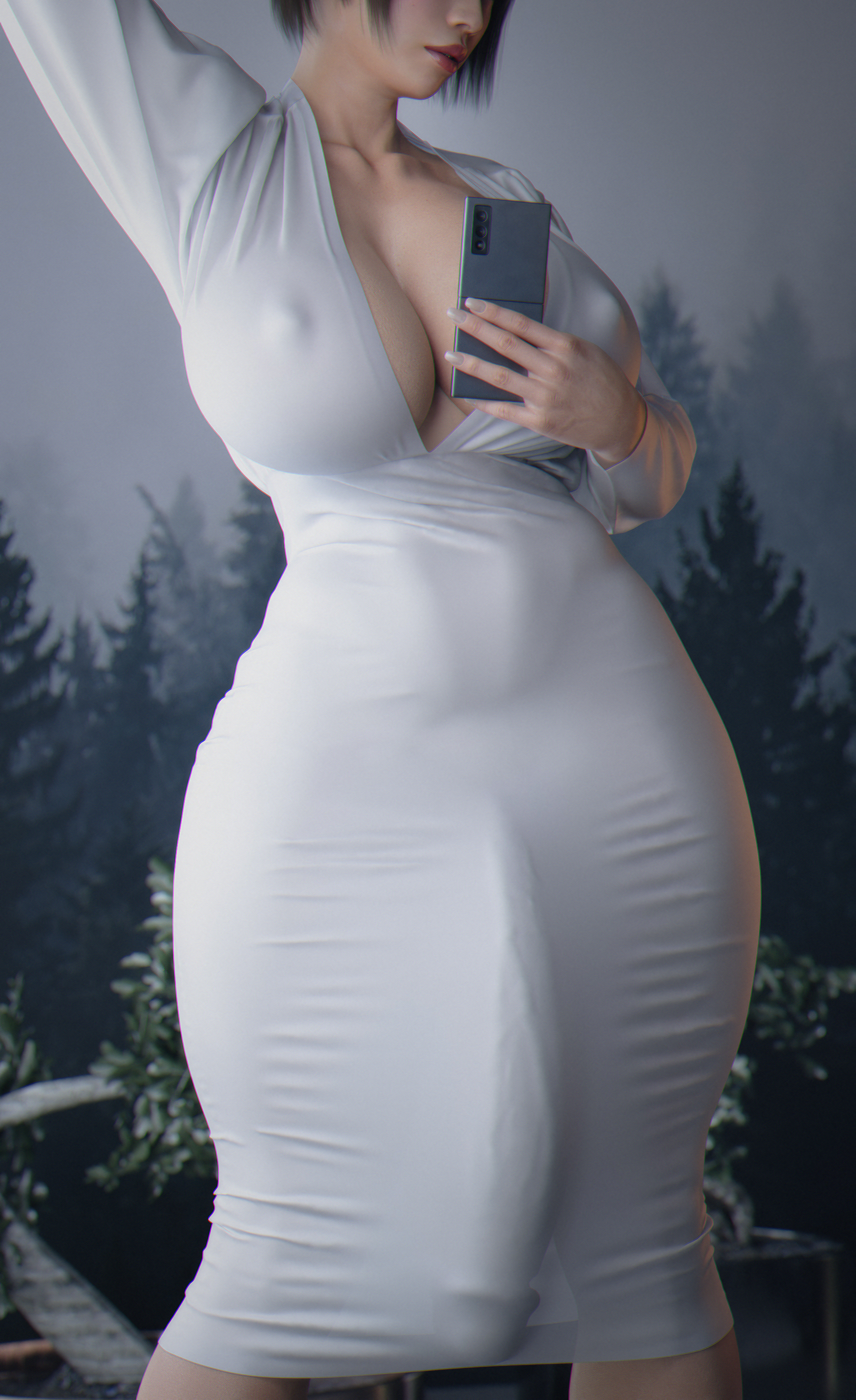 1futa, 3d, big penis, breasts, bulge, bulge down leg, cameltail, cleavage, clothed, dress, futa only, futanari, hi res, highres, hourglass figure, huge cock, ineffective clothing, intersex, large breasts, light skin, light-skinned futa, milf, penis, phone, ryuu ga gotoku, saeko mukouda, see-through, short hair, solo, standing, stevencarson, thick thighs, tight clothing, veiny penis, wide hips