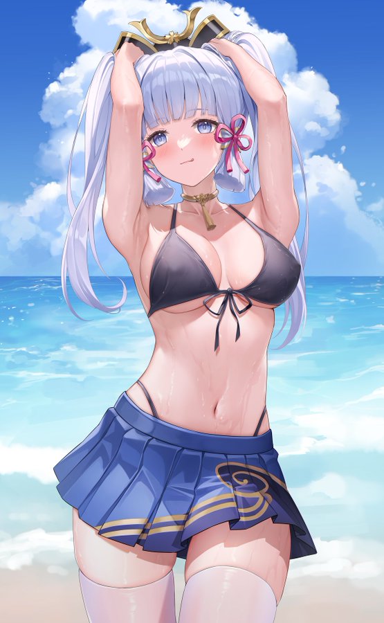 1girls, arms up, belly button, blue hair, cloudy sky, female, female only, genshin impact, hair ornament, kamisato ayaka, looking at viewer, ocean, swimsuit, thick thighs, thighs