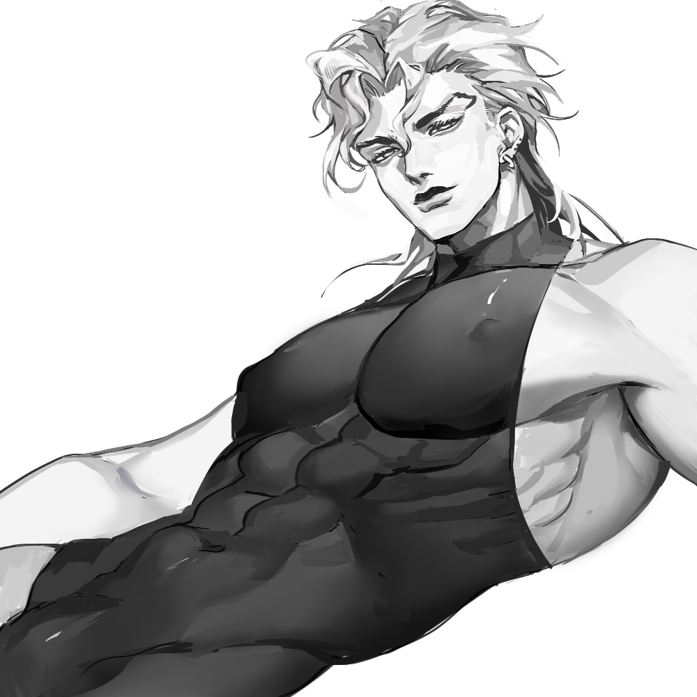 1boy, abs, armpits, ashva, dio brando, earrings, gay, jewelry, jojo's bizarre adventure, leotard, long hair, male, male focus, male only, monochrome, muscular, muscular male, nipples, pectorals, smile, solo, solo male, stardust crusaders, taut clothes