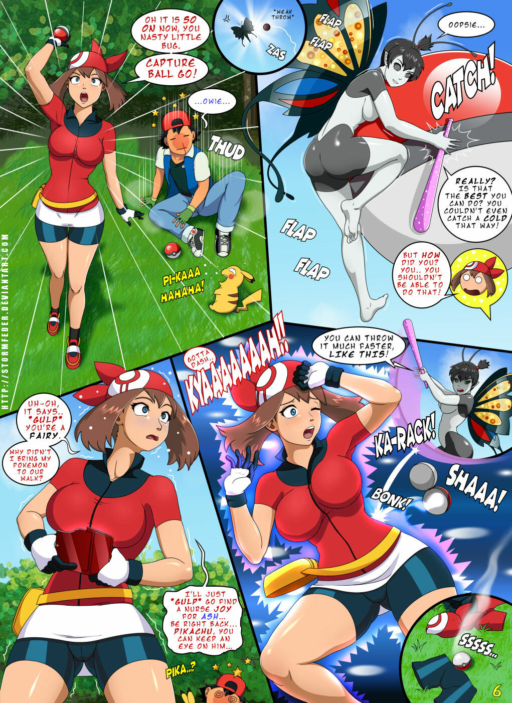 1boy 2girls antennae anthro armpits arms_up artist_name ash_ketchum ass ass_visible_through_thighs beautifly big_breasts blood breasts bug butterfly captured clothes_removed comic deviantart_username dialogue english_text female fingering fingers fusion grass kasumi_(pokemon) male may_(pokemon) multiple_girls nipples nosebleed page_6 page_number pointy_ears pokémon_(species) pokeball pokemon satoshi_(pokemon) shrinking size_difference stormfeder text thick_thighs thighs url wings