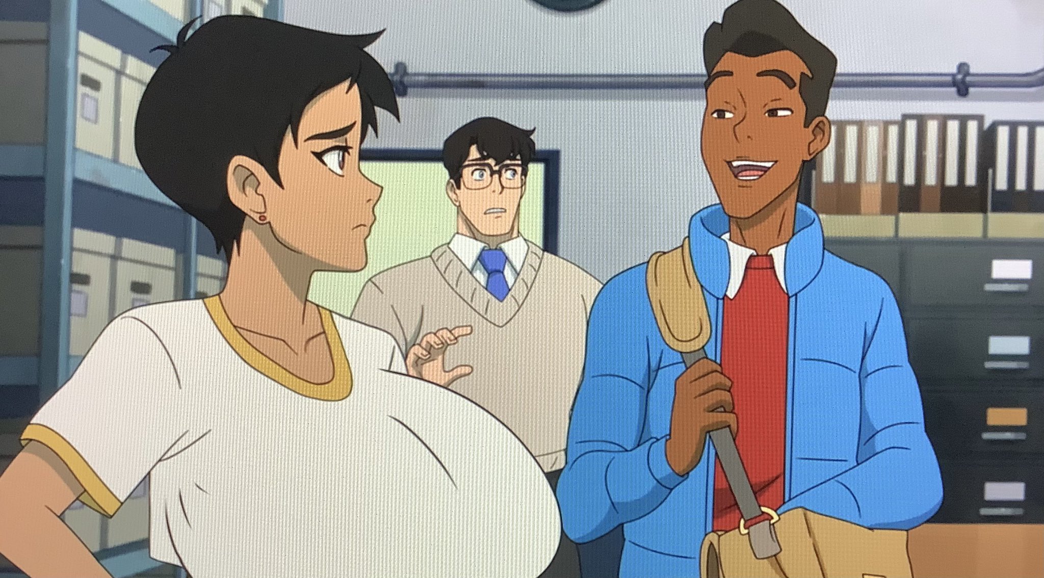 1girls, 2boys, big breasts, breasts, clark kent, clark kent (my adventures with superman), dark skin, dark-skinned male, dc, dc comics, edit, edited screencap, female, glasses, huge breasts, jimmy olsen, jimmy olsen (my adventures with superman), kal-el, light skin, light-skinned male, lois lane, lois lane (my adventures with superman), looking at another, male, my adventures with superman, screenshot, superman, superman (clark kent), superman (series), tan-skinned female