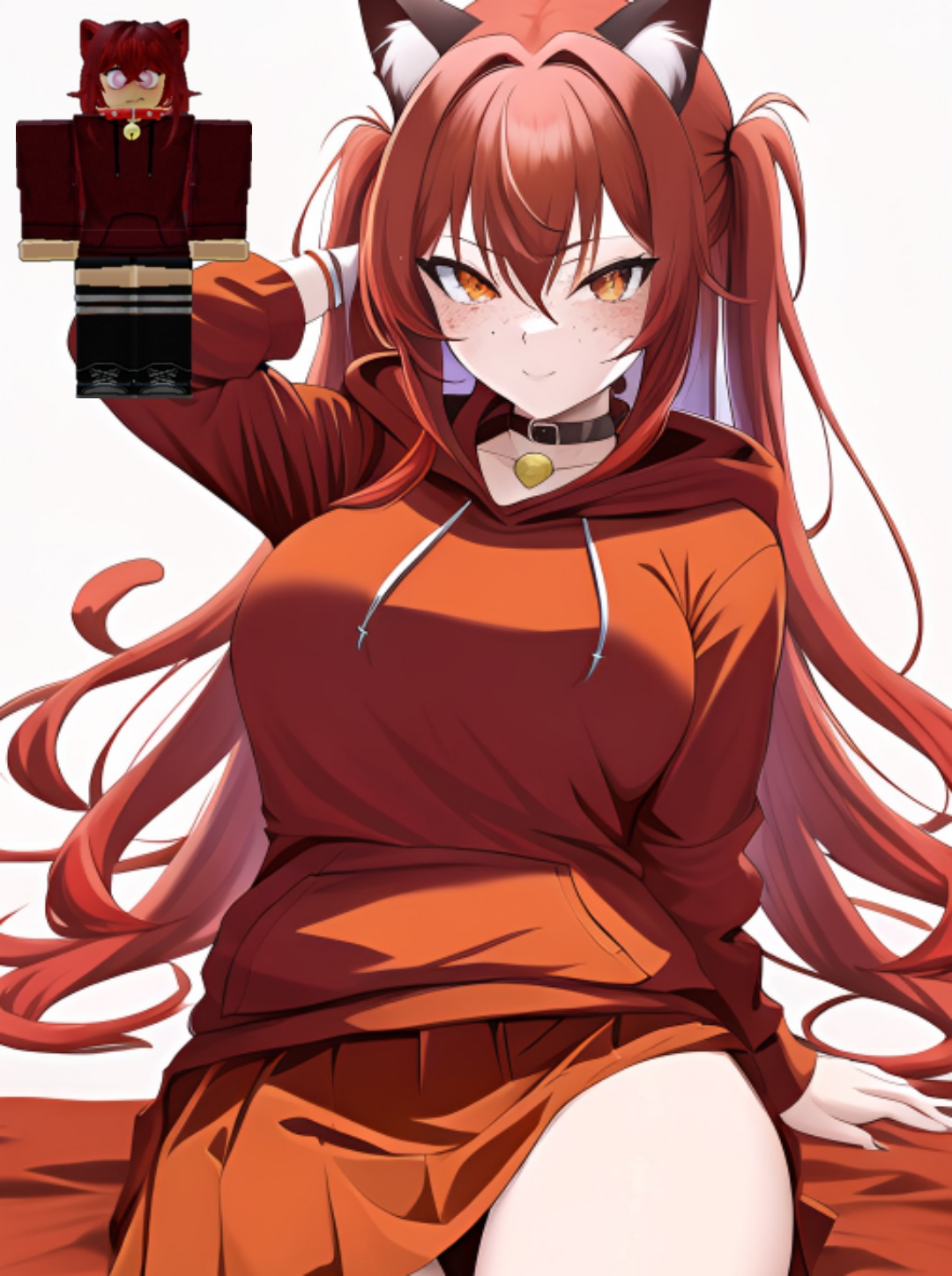 1girls, 2023, ai generated, animal ears, anime nose, cat ears, cat girl, catgirl, clothed female, crimson hair, female, freckles, moni yoshikage, neko, orange eyes, red eyes, red hair, red hoodie, reference image, roblox, roblox avatar, robloxian, tagme