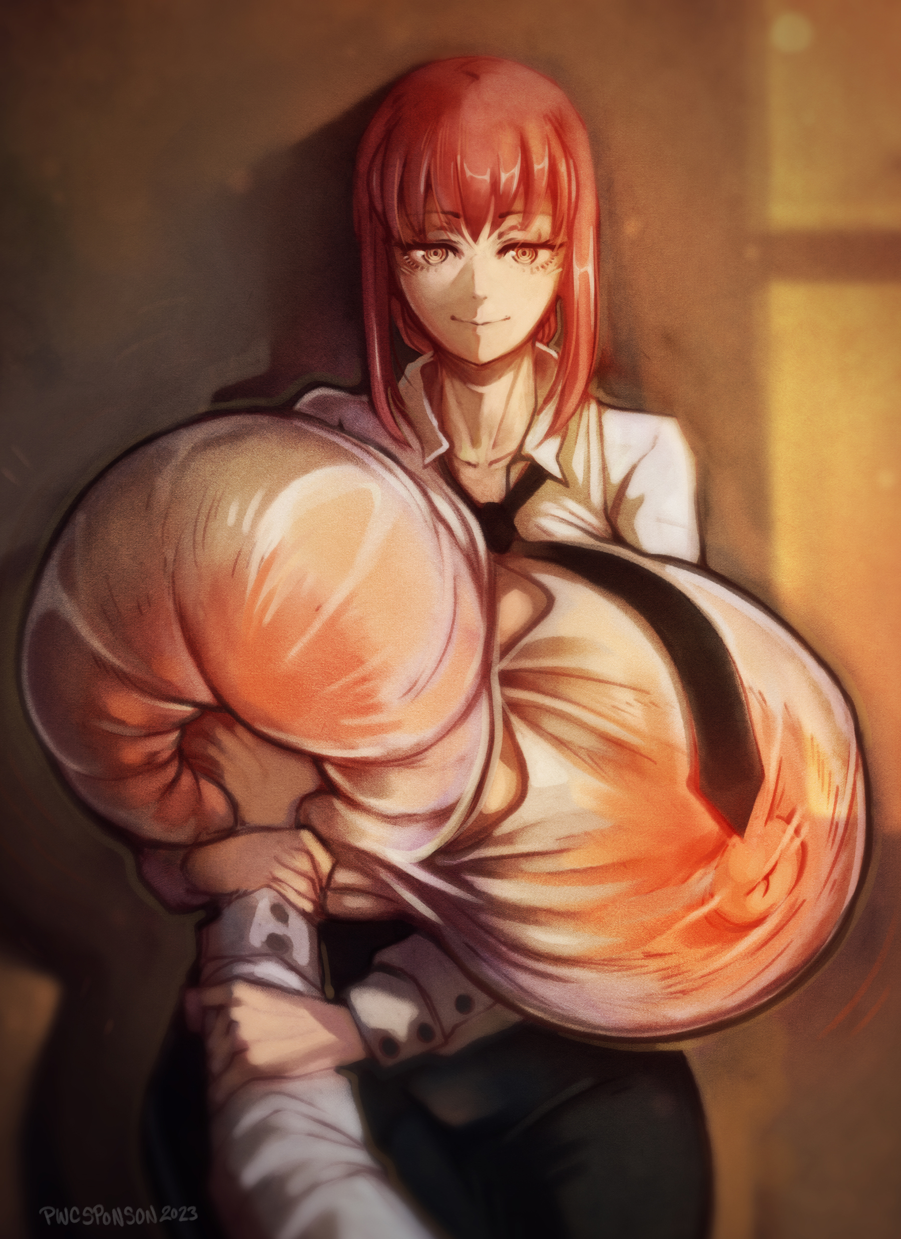 barely contained, big breasts, breast grab, breasts, breasts bigger than head, chainsaw man, clothed, female, forced, grabbing breasts, guided breast grab, huge breasts, hyper breasts, makima (chainsaw man), no bra, pwcsponson, red hair, red nipples, see-through, smug, tight clothes, tight clothing, translucent clothing, visible nipples