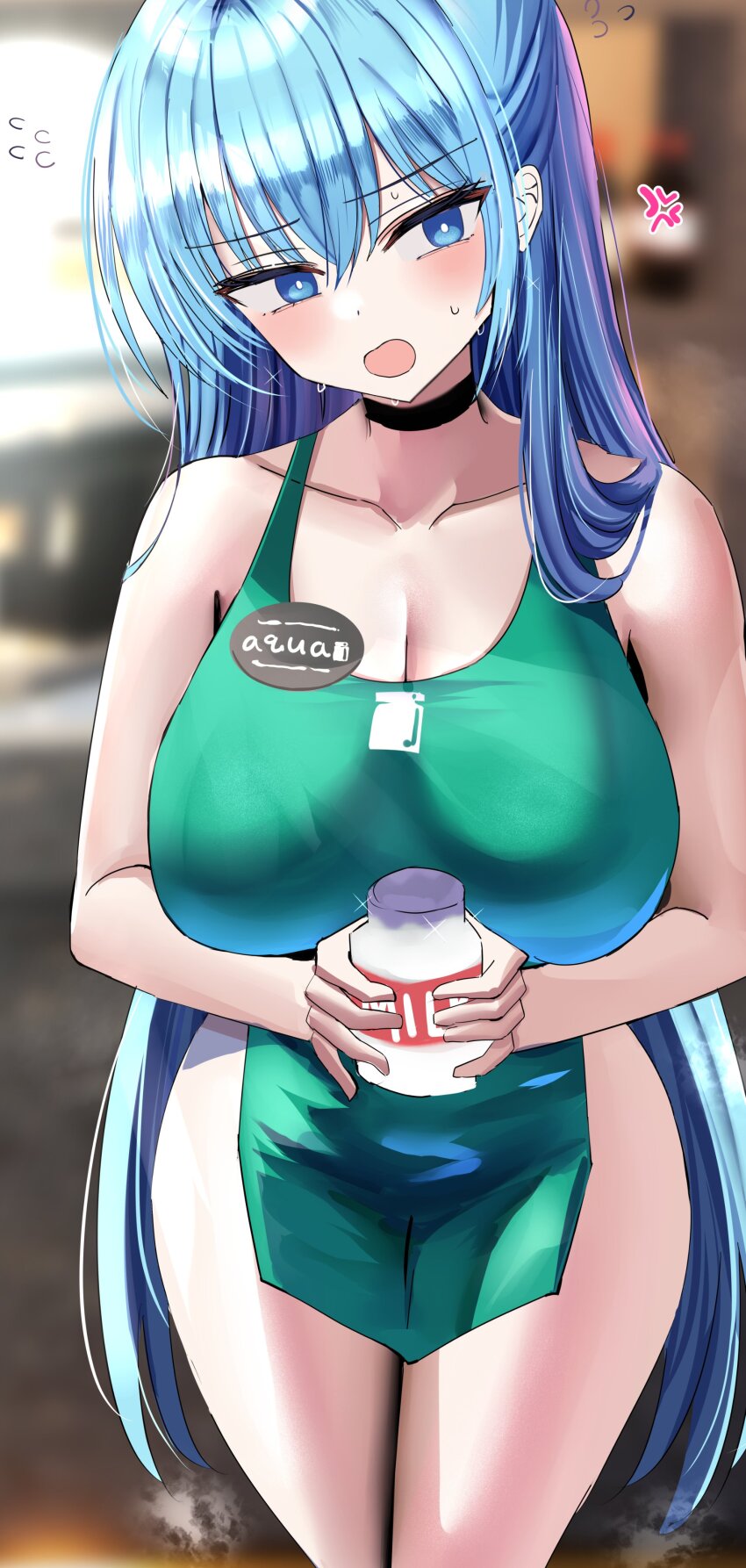 absurdres apron aqua_(konosuba) bare_shoulders blue_eyes blue_hair blurry blurry_background blush bottle breasts cleavage collarbone female hanasaka_houcha highres holding holding_bottle iced_latte_with_breast_milk kono_subarashii_sekai_ni_shukufuku_wo! large_breasts long_hair milk_bottle naked_apron open_mouth solo sweat thighs very_long_hair