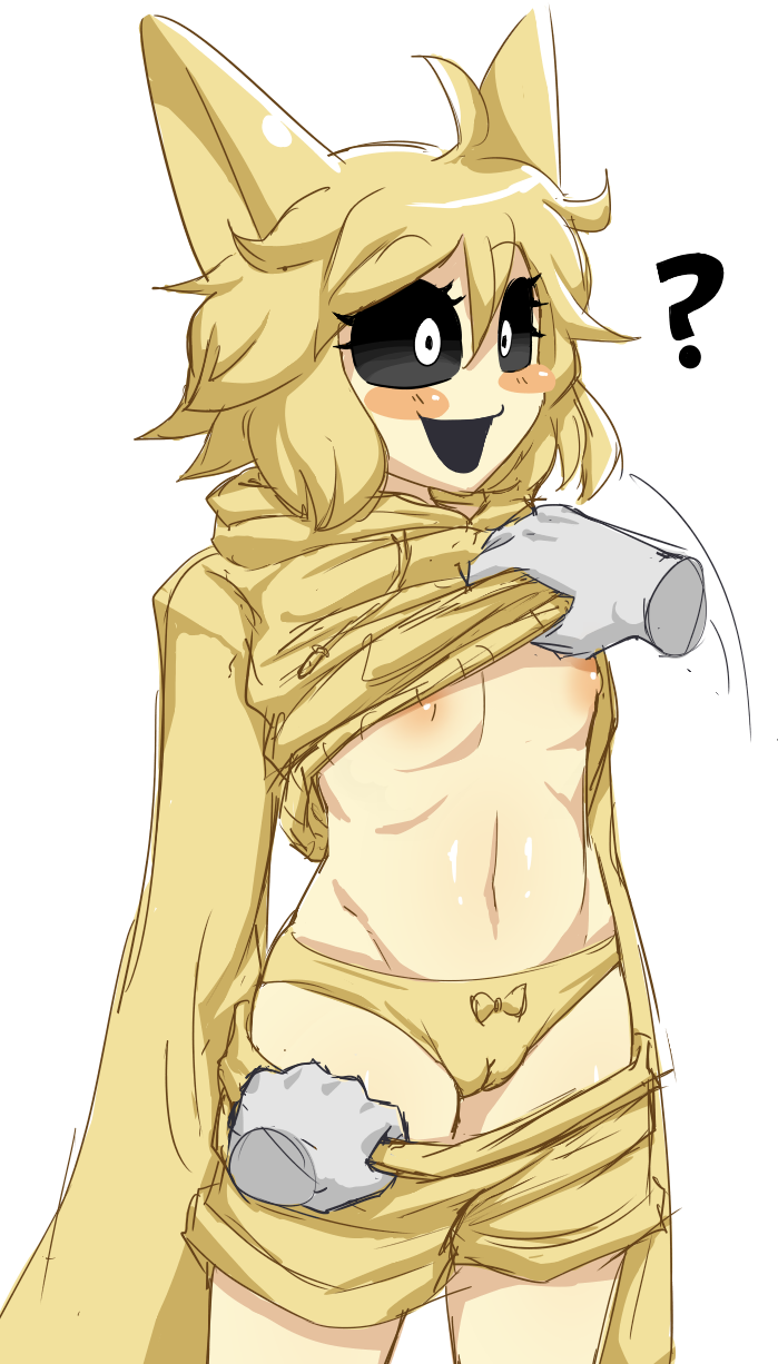 :d ? animal_ears assisted_exposure black_sclera blush bow_panties cameltoe confused confusion disembodied_hands female flat_chest fnf_mods friday_night_funkin hoodie_lift humanized hypnos_lullaby navel nipples panties pulling_down_pants shinto white_eyes yellow_clothing yellow_hair