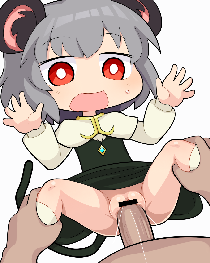 1boy 1girls animal_ears bar_censor blush bright_pupils capelet censored clothed_sex commentary cookie_(touhou) crystal female flat_chest grey_hair grey_skirt grey_vest hospital_king jewelry leg_grab long_sleeves medium_bangs mouse_ears mouse_girl mouse_tail nazrin no_panties nyon_(cookie) open_mouth pendant penis pussy red_eyes sex shirt short_hair simple_background skirt skirt_set socks solo_focus straight tail textless_version touhou vaginal_penetration vest white_background white_capelet white_legwear white_pupils white_shirt white_socks