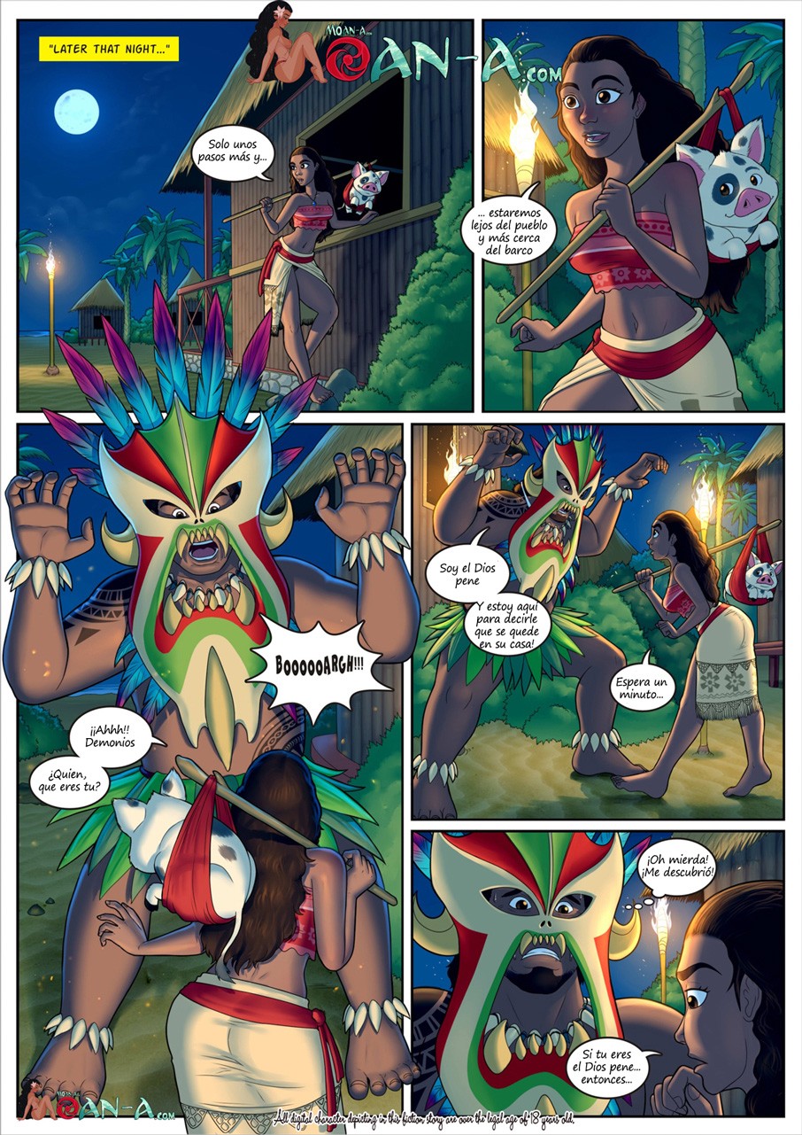 ! !!! ... 5_panel_comic bare_midriff beach chesare comic dialogue disney father_and_daughter fire leaf_skirt leafs mask masked milftoon moana moana_waialiki moon moonlight night night_sky page_6 palm_tree pig pua_pig public_topless raised_arms sfw spanish_dialogue spanish_text stars talking_to_another tattoo_on_shoulder tattoos teen_girl teenage thought_bubble topless topless_male torch tribal_tattoos tui_waialiki unseen_female_face window