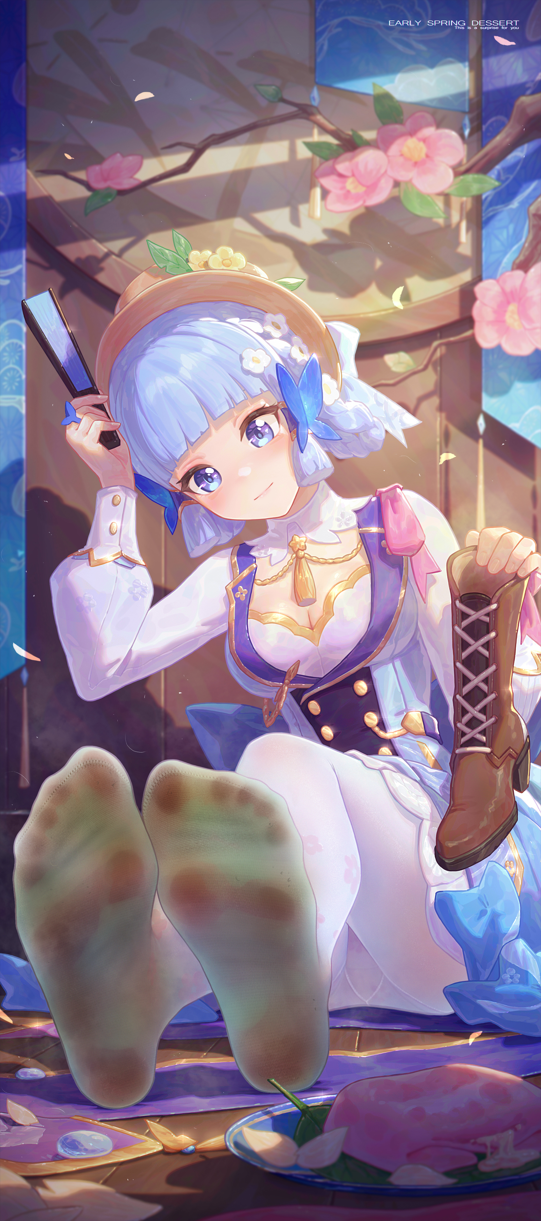 1girls, 2d, 2d (artwork), alternate version available, blue eyes, blue hair, cleavage, clothed, clothing, digital media (artwork), dirty feet, feet, feet visible through clothing, female, female only, foot fetish, foot focus, footwear, genshin impact, hat, highres, icecake, kamisato ayaka, kamisato ayaka (springbloom missive), legwear, pantyhose, shoes removed, smelly feet, soles, soles of feet in socks, thick thighs, toes visible through clothing, white pantyhose