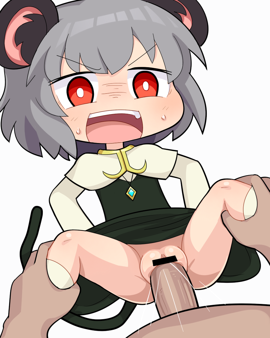 1boy 1girls animal_ears bar_censor blush bright_pupils capelet censored clothed_sex commentary cookie_(touhou) crystal female flat_chest grey_hair grey_skirt grey_vest hospital_king jewelry leg_grab long_sleeves medium_bangs mouse_ears mouse_girl mouse_tail nazrin no_panties nyon_(cookie) open_mouth pendant penis pussy red_eyes sex shirt short_hair simple_background skirt skirt_set socks solo_focus straight tail textless_version touhou v-shaped_eyebrows vaginal_penetration vest white_background white_capelet white_legwear white_pupils white_shirt white_socks