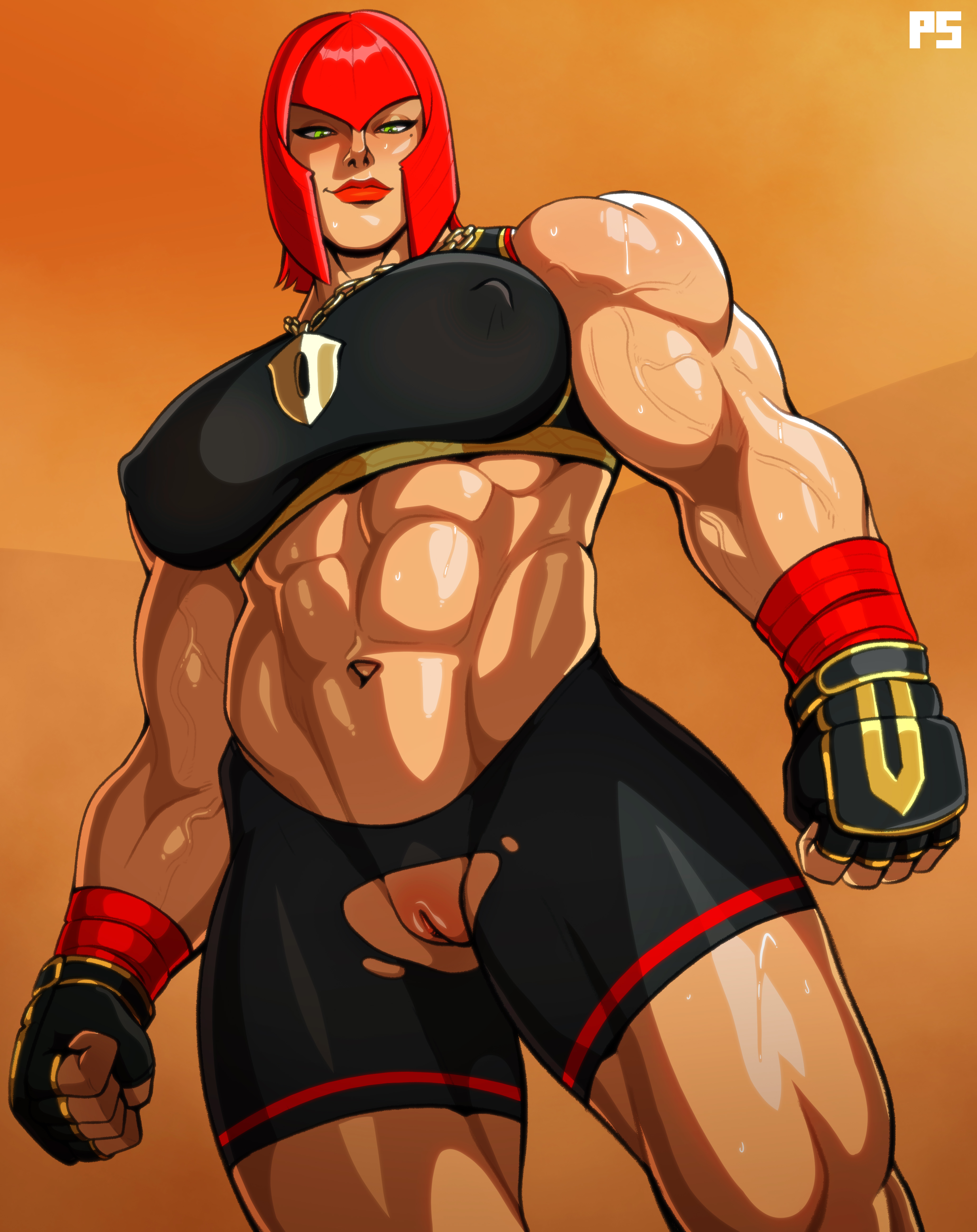 1girls, abs, absurd res, aroused, big breasts, big nipples, blush, breasts, clenched fist, crotchless, erect nipples, erect nipples under clothes, female, female only, fingerless gloves, gloves, green eyes, looking at viewer, looking down, marisa rossetti, muscle mommy, muscles, muscular, muscular female, necklace, nipple bulge, nipples, obliques, perky breasts, plump labia, pose, pumpkinsinclair, pussy, red hair, red lipstick, ripped clothes, ripped clothing, ripped pants, smiling, smiling at viewer, smirk, solo, solo female, sportswear, street fighter, street fighter 6, tan skin, tan-skinned female, thick thighs, thighs, torn clothes, vascular, veins, veiny muscles, viewed from below