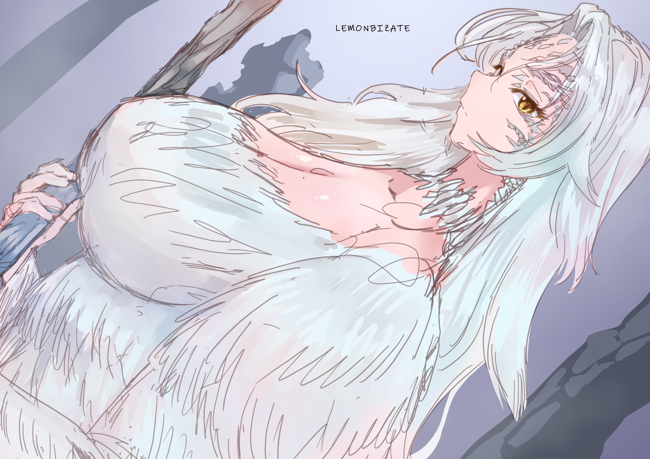 big breasts, breasts, cleavage, crossbreed priscilla, dark souls, dragon girl, dutch angle, female, female only, fromsoftware, hi res, huge breasts, humanoid, lemonbizate (artist), long hair, looking at viewer, monster girl, sagging breasts, scales, solo, white hair, yellow eyes