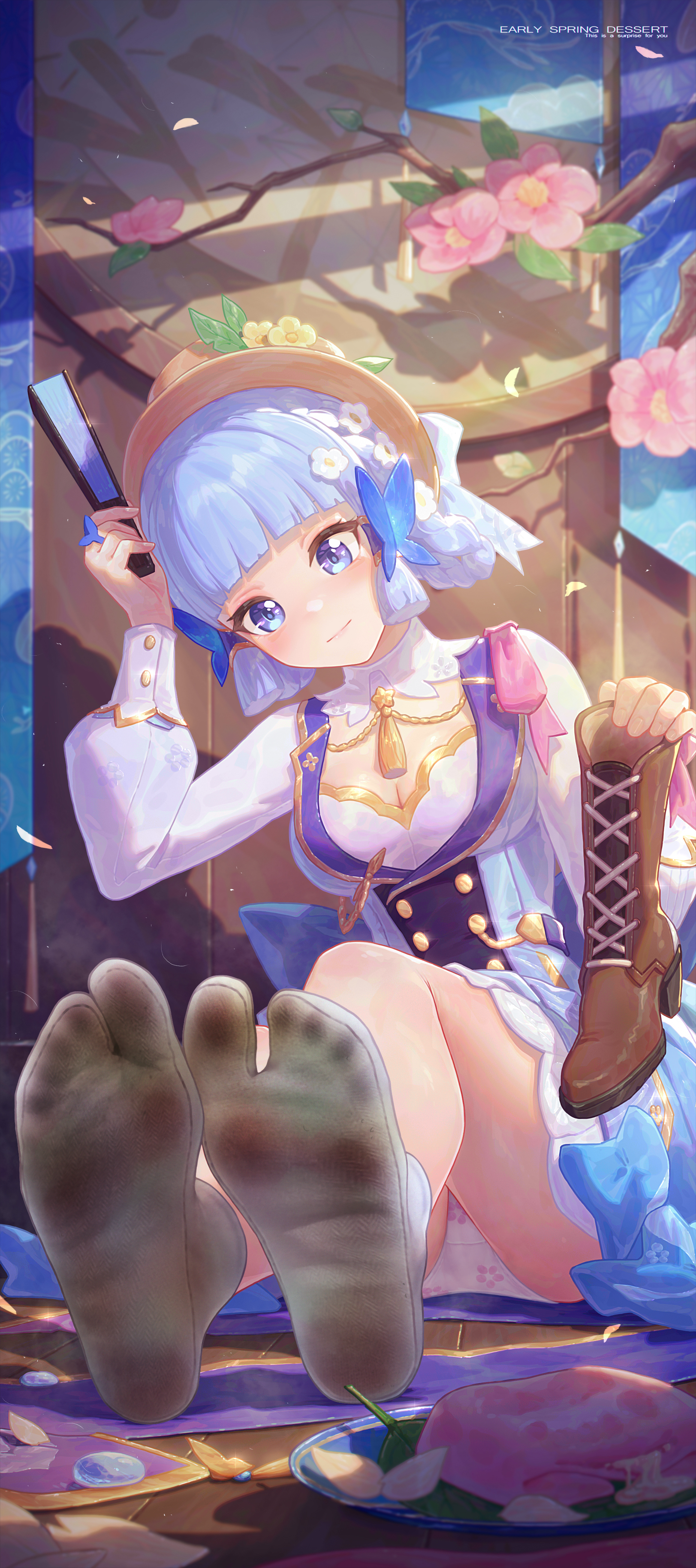 1girls, 2d, 2d (artwork), alternate version available, blue eyes, blue hair, cleavage, clothed, clothing, digital media (artwork), dirty feet, dirty socks, feet, feet visible through clothing, female, female only, foot fetish, foot focus, footwear, genshin impact, hat, highres, icecake, kamisato ayaka, kamisato ayaka (springbloom missive), panties, shoes removed, smelly feet, socks, soles, soles of feet in socks, solo, tabi, tabi socks, thick thighs, toes, toes visible through clothing