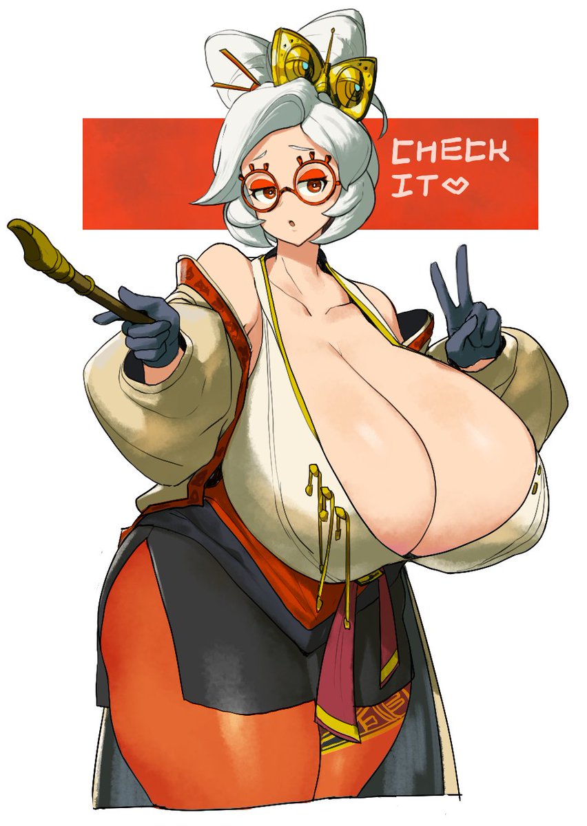 1girls, alternate breast size, breasts, cleavage, clothed, female, hips, huge breasts, massive breasts, nintendo, purah, purah (tears of the kingdom), red eyes, sinensian, tears of the kingdom, the legend of zelda, thick thighs, thighs, venus body, white hair, wide hips