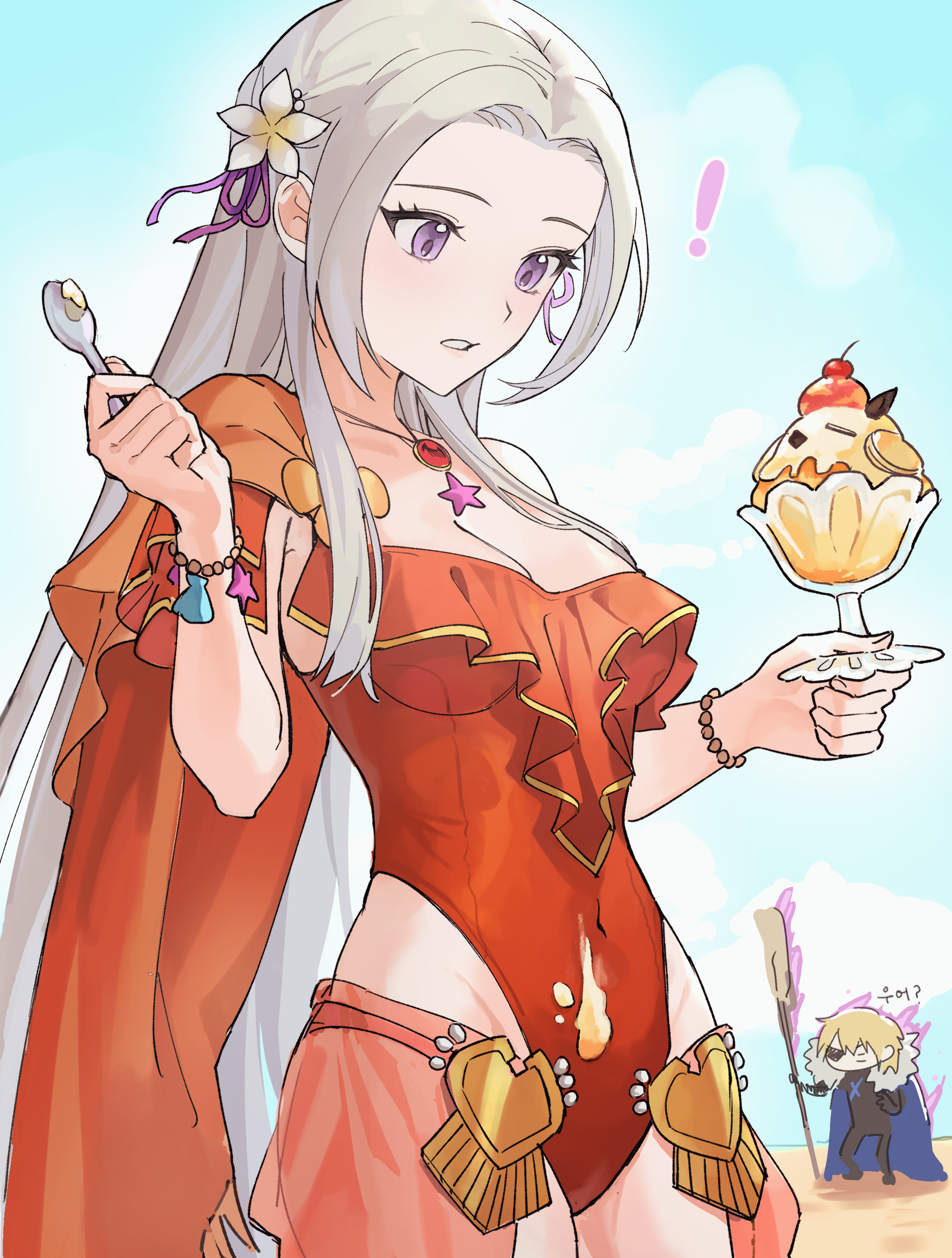 1boy, 1girls, alternate costume, beach, breasts, dimitri alexandre blaiddyd, dot1, edelgard von hresvelg, edelgard von hresvelg (summer), female, fire emblem, fire emblem heroes, fire emblem: three houses, ice cream, long hair, male, medium breasts, nintendo, official alternate costume, one piece swimsuit, purple eyes, red one-piece swimsuit, red swimsuit, spoon, swimsuit, white hair
