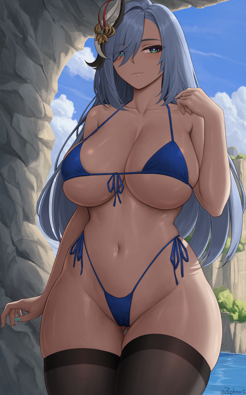 1girls, bikini, black stockings, blue bikini, breasts, cleavage, female, genshin impact, hair over one eye, hips, huge breasts, large breasts, light skin, light-skinned female, long hair, naughty face, outdoors, shenhe (genshin impact), smile, stockings, textless, thick thighs, thighs, thong, thong bikini, white hair, wide hips, zaphn
