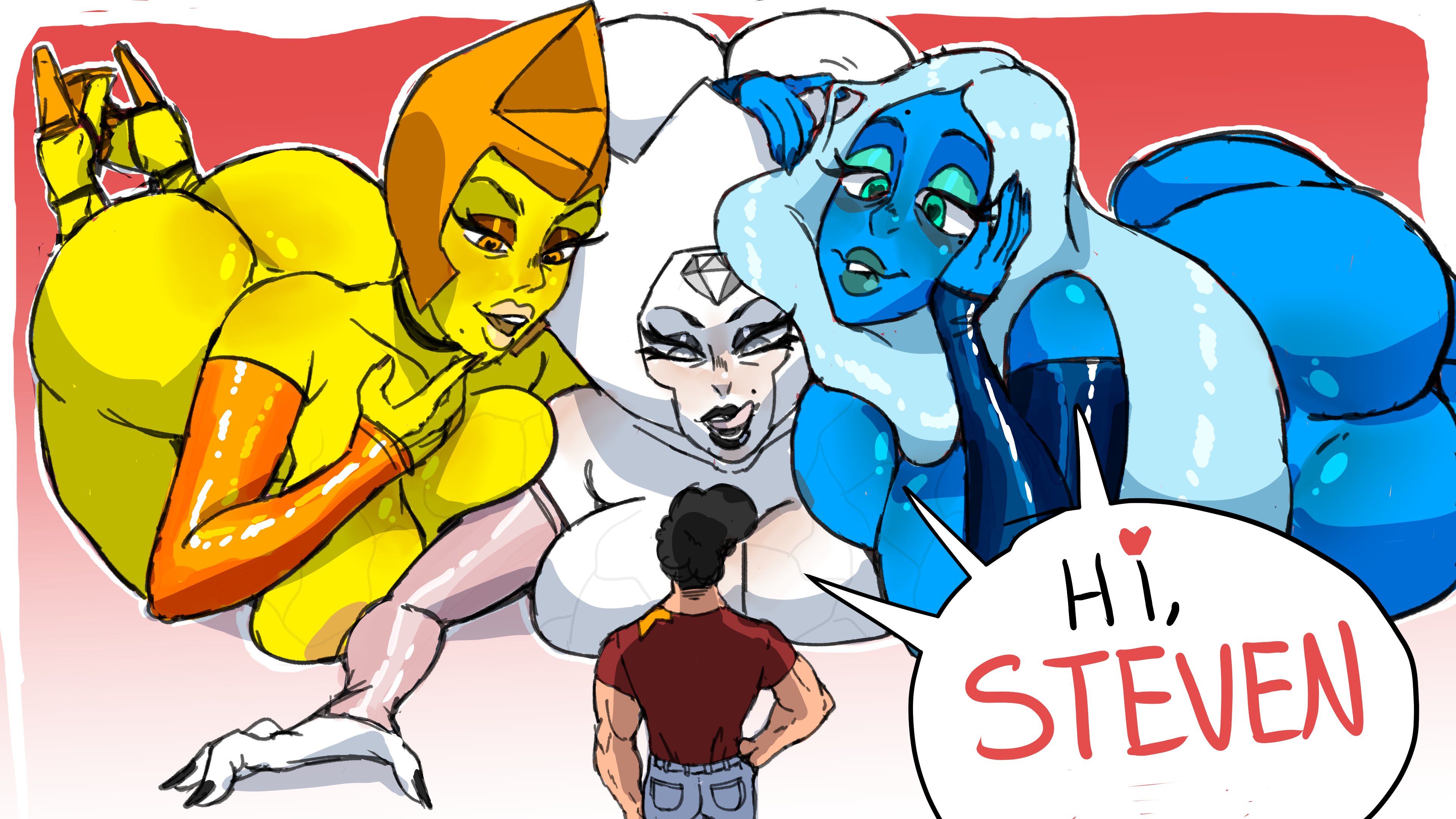 <3 eyes, 1boy, 3girls, ass, bedroom eyes, biting lip, black lipstick, blue body, blue diamond (steven universe), blue skin, breasts, cartoon network, choker, clothed male, curvaceous, curvy, curvy female, curvy figure, detached sleeves, diamond authority, english text, female, female focus, gem (species), giantess, hair twirling, heart-shaped pupils, high heels, horny female, huge ass, huge breasts, licking lips, lipstick, lust, lustful gaze, male, muscular, muscular male, naked footwear, naked heels, nipples, nude, nude female, seductive, seductive look, seductive smile, size difference, sleeves, smmyart, speech bubble, steven quartz universe, steven universe, thick thighs, tongue, tongue out, twirling hair, unseen male face, veiny breasts, white body, white diamond (steven universe), white skin, yellow body, yellow diamond (steven universe), yellow skin