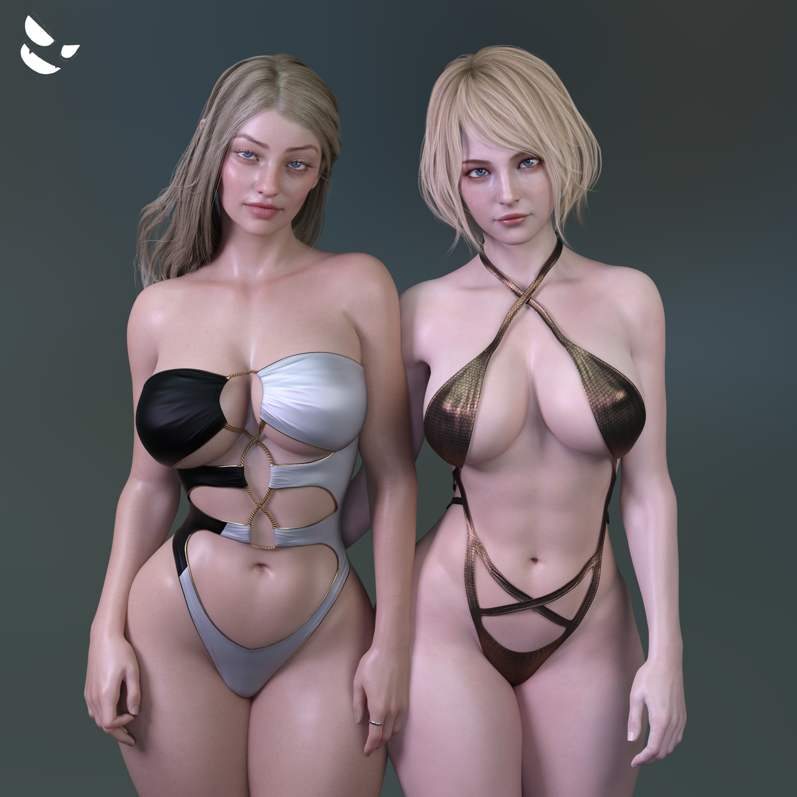 2girls, 3d, abs, ashley graham, ashley graham (ella freya), athletic, athletic female, big breasts, bikini, blonde hair, breasts, capcom, cleavage, clothing, daz studio, daz3d, erect nipples, female, female only, gm studios, high resolution, large breasts, light skin, light-skinned female, looking at viewer, navel, neckwear, nipple bulge, nipples, one-piece swimsuit, pale skin, panties, realistic, resident evil, resident evil 4, resident evil 4 remake, resident evil 8: village, rosemary winters, short hair, solo, solo female, swimsuit, swimwear, thick thighs, wide hips