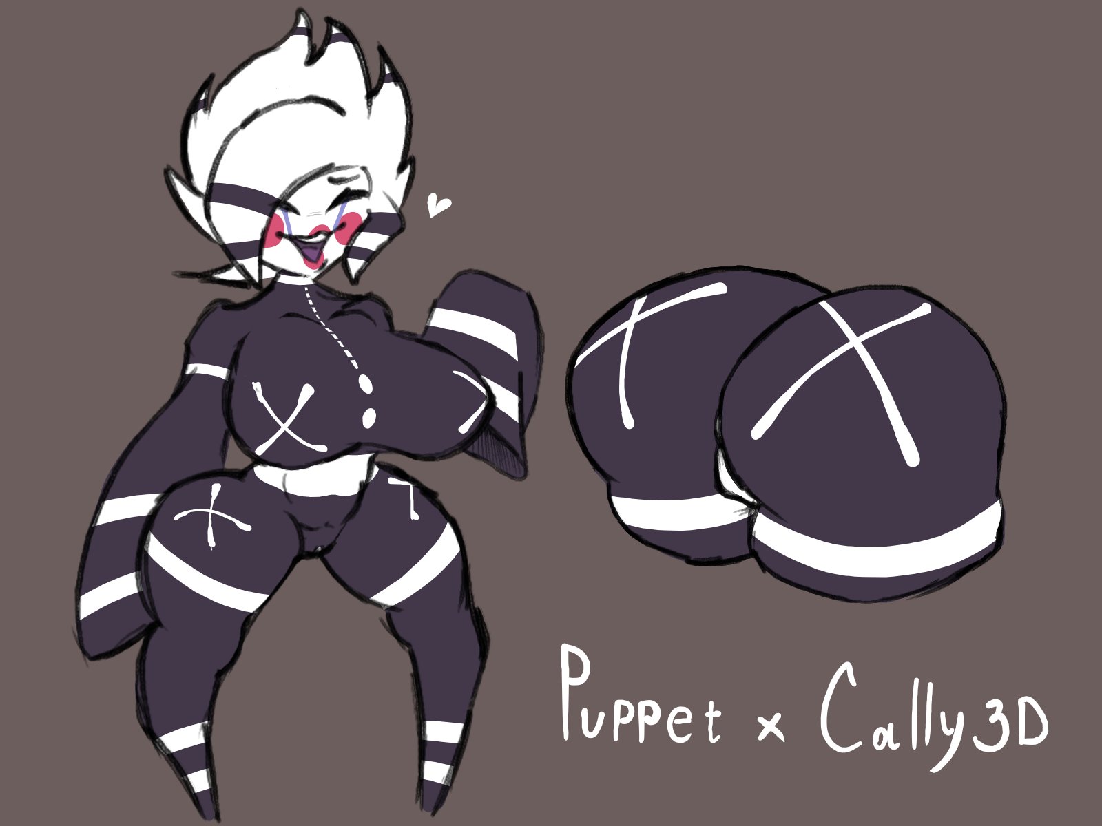 1girls, ass, big ass, big breasts, big butt, blush stickers, breasts, brown background, cally3d, character name, clazzey, colored skin, cross, cryptiacurves, english text, fazclaire's nightclub, female, five nights at freddy's, five nights at freddy's 2, fnaf, fredina's nightclub, heart, huge ass, huge breasts, huge butt, huge thighs, large breasts, makeup, marie (cally3d), marie (cryptia), marionette (fnaf), multiple views, open mouth, presenting, presenting ass, presenting hindquarters, puppet (cally3d), puppet (fnaf), pussy, scottgames, short hair, simple background, sleeves past wrists, smile, solo, standing, stormkinght, thick thighs, thighs, vagina, white hair, wide hips