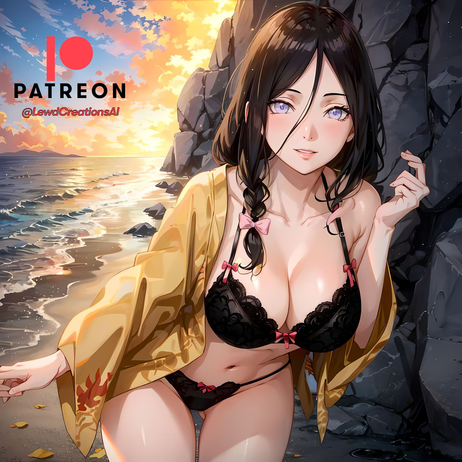1girls, ai generated, bikini, blush, boruto: naruto next generations, breasts, brown hair, cleavage, curvaceous, female, female only, hyuuga hanabi, jordan53, lavender eyes, light skin, light-skinned female, long hair, midriff, nai diffusion, naruto, naruto (series), naruto: the last, outdoors, ribbons, seaside, solo, stable diffusion, sunset, swimsuit